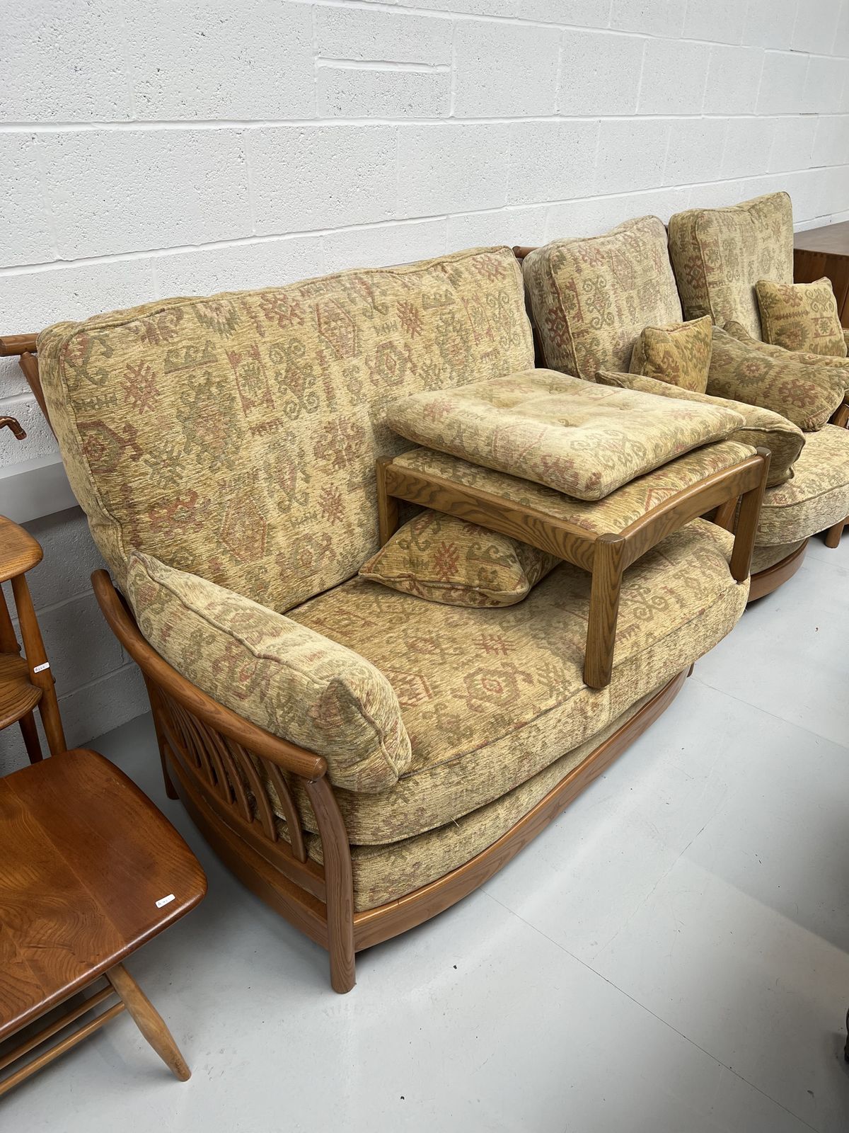 Ercol Golden Dawn Wooden Framed 3 Piece Suite With Matching Footstool photo for sale