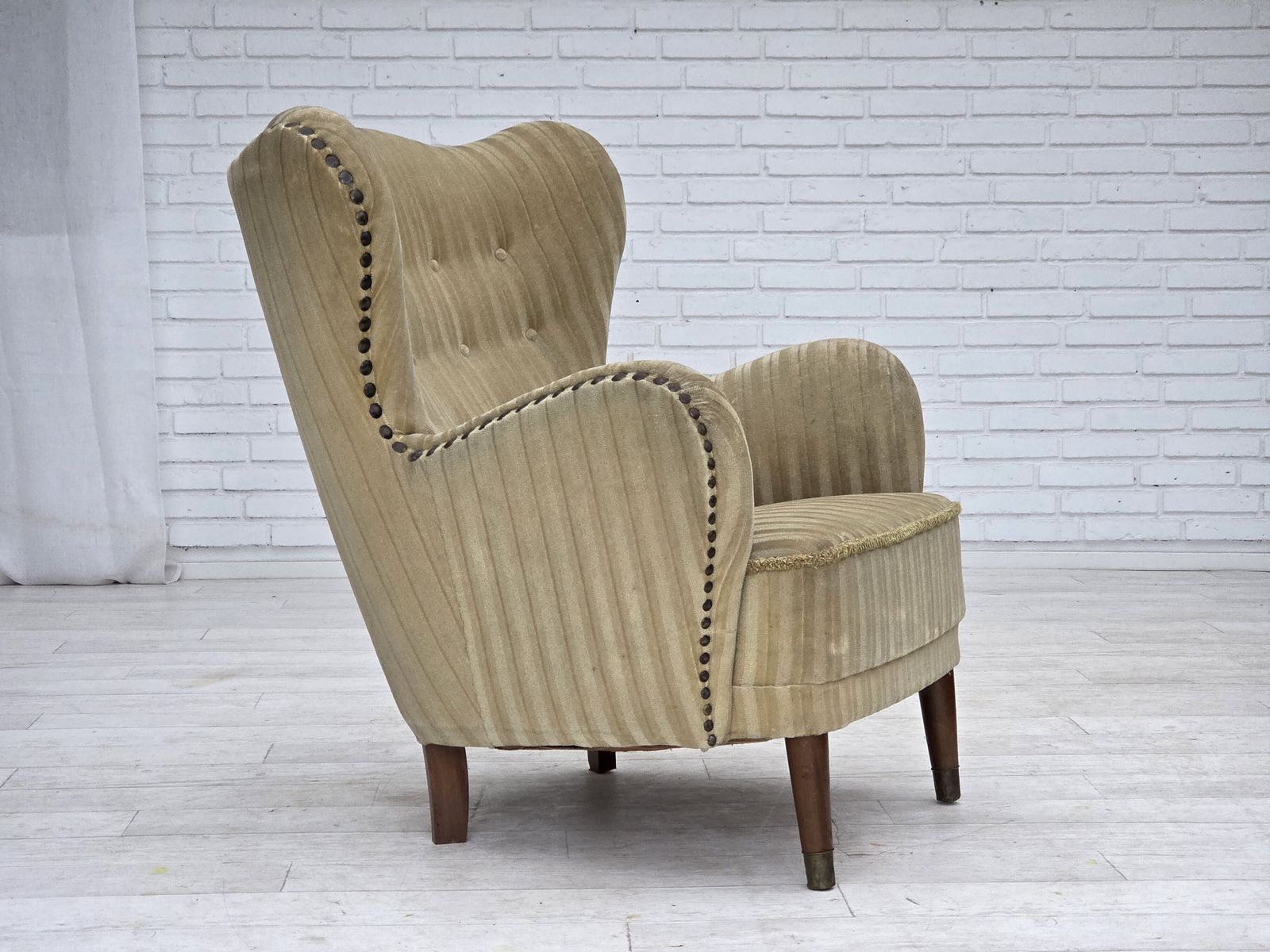 1960s, Danish Armchair, Light Green Furniture Velour, Beech Wood. photo furniture