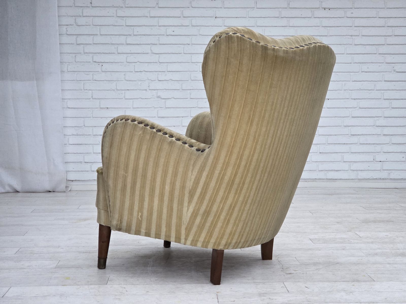 1960s, Danish Armchair, Light Green Furniture Velour, Beech Wood. photo for sale
