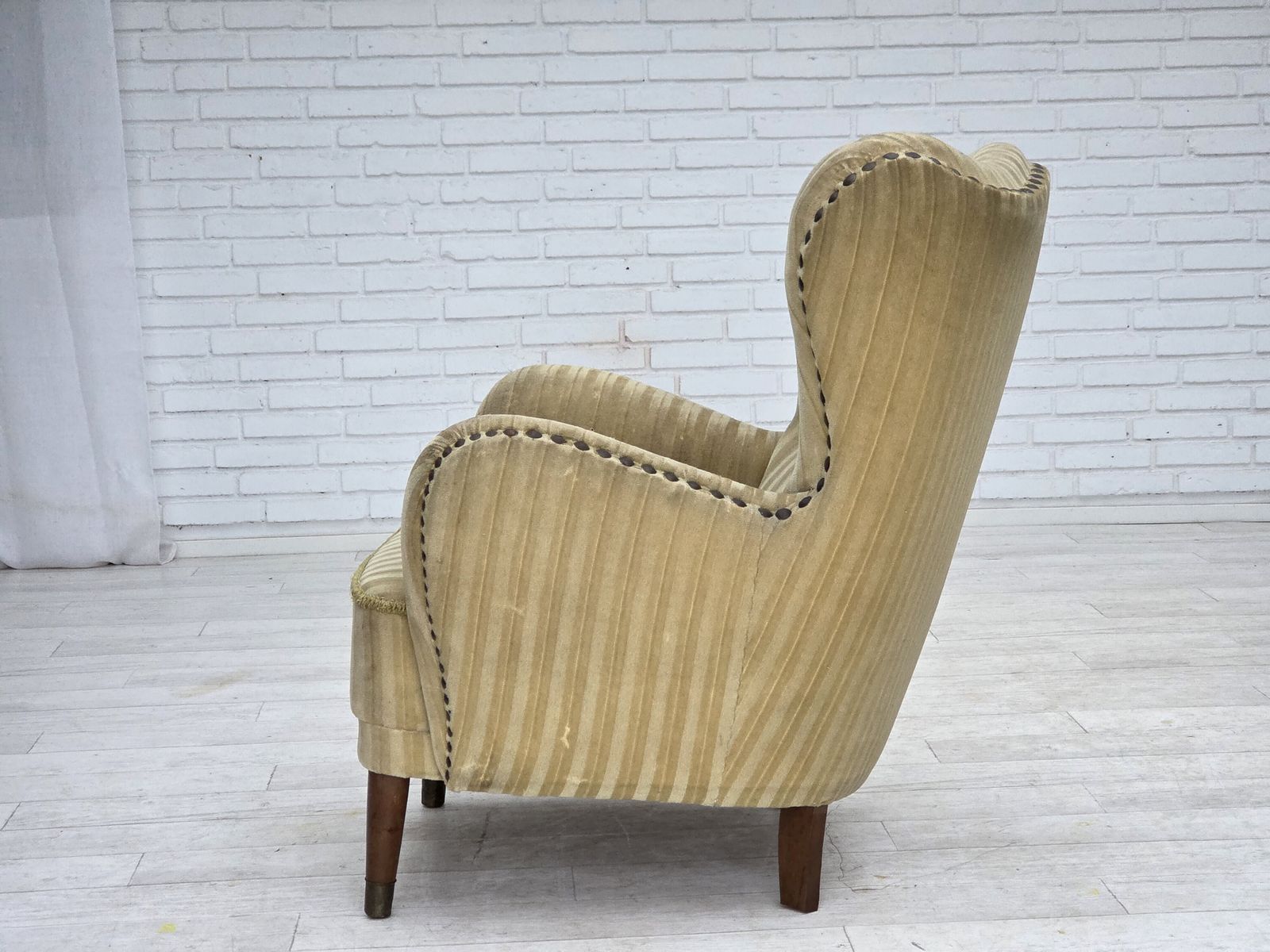 1190.0 1960s, Danish Armchair, Light Green Furniture Velour, Beech Wood. photo