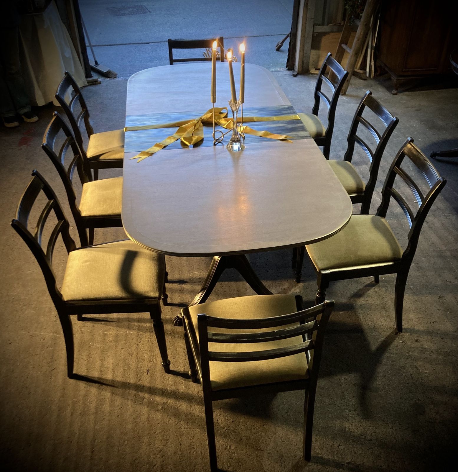 Restored 1975 McIntosh Twin Pillar Extending Dining Table & Eight Chairs | Hand Finished photo vinterior