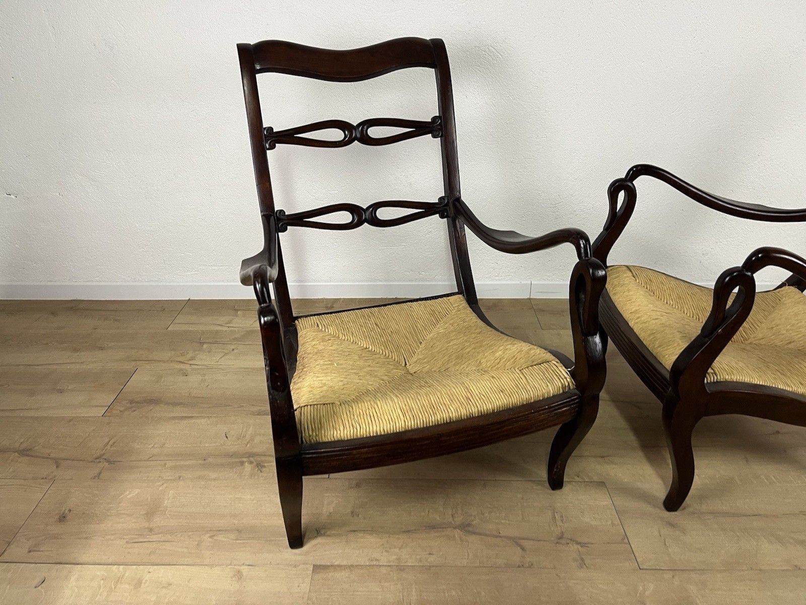 Furniture Pair Of 40’s Vintage Design Swan Straw Wood Armchairs photo