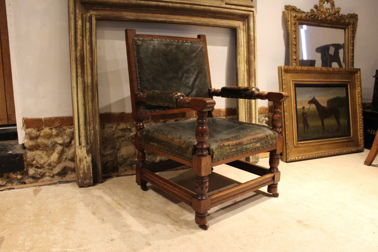 Furniture Chair Victorian Oak & Leather Library Club Armchair C1870 photo