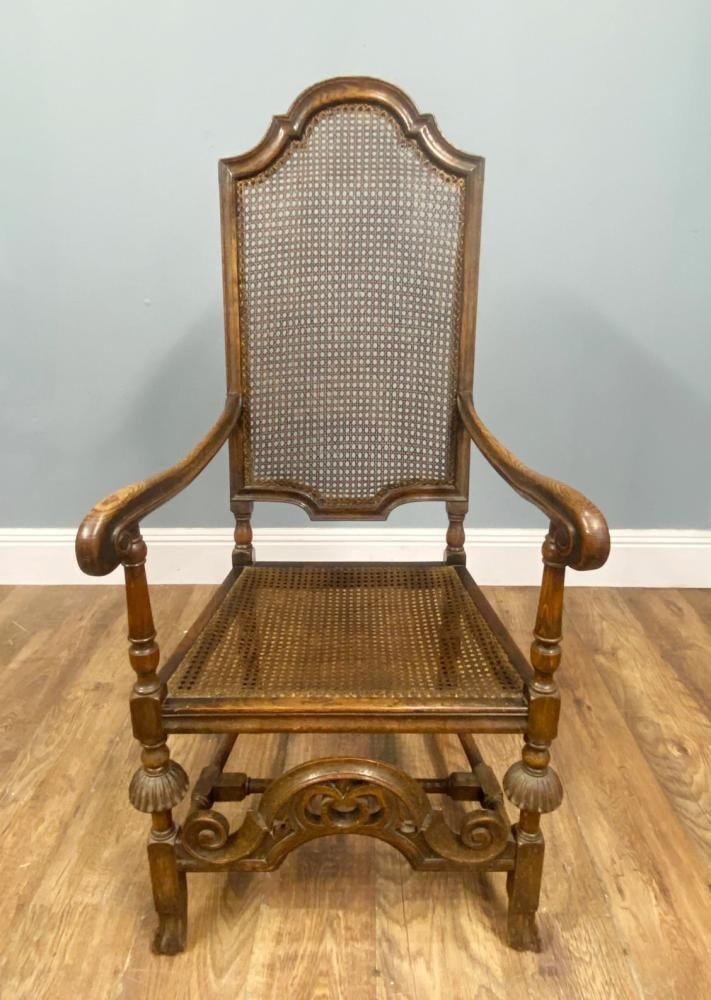Set 4 Carved Chairs Cane Weaved Cromwellian Farmhouse 1890 photo for sale