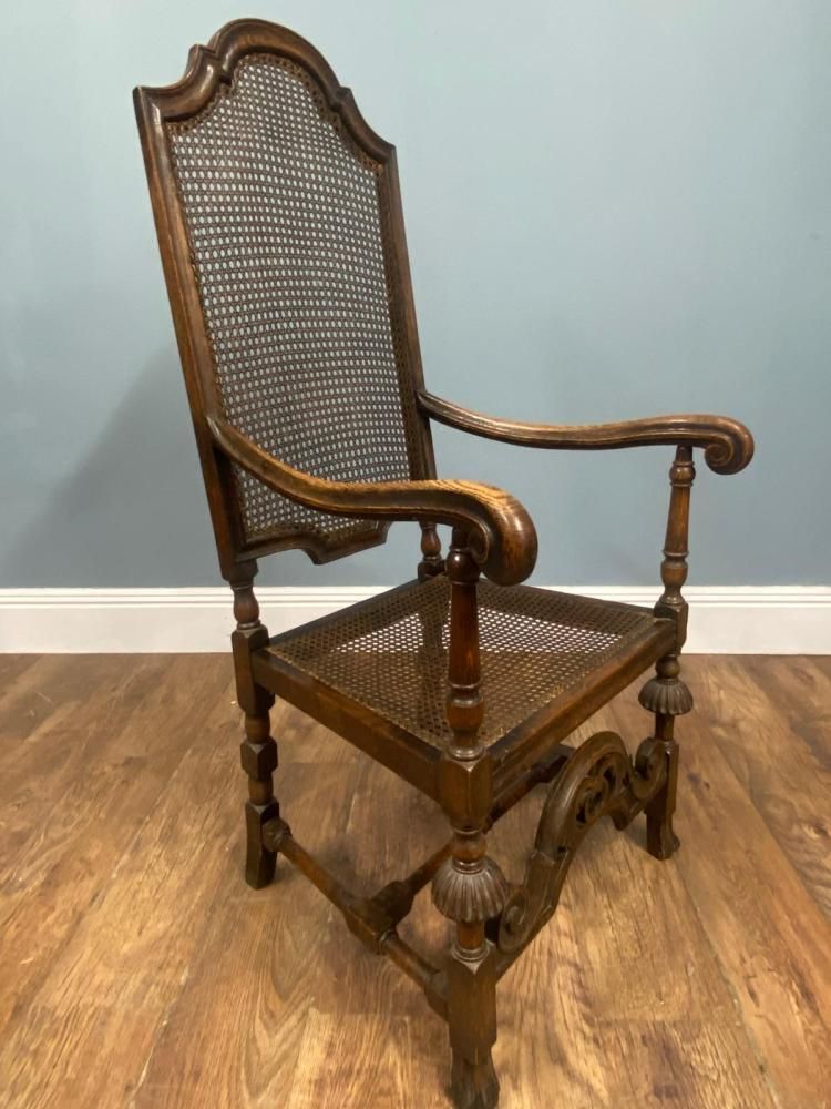 Set 4 Carved Chairs Cane Weaved Cromwellian Farmhouse 1890 photo vintage