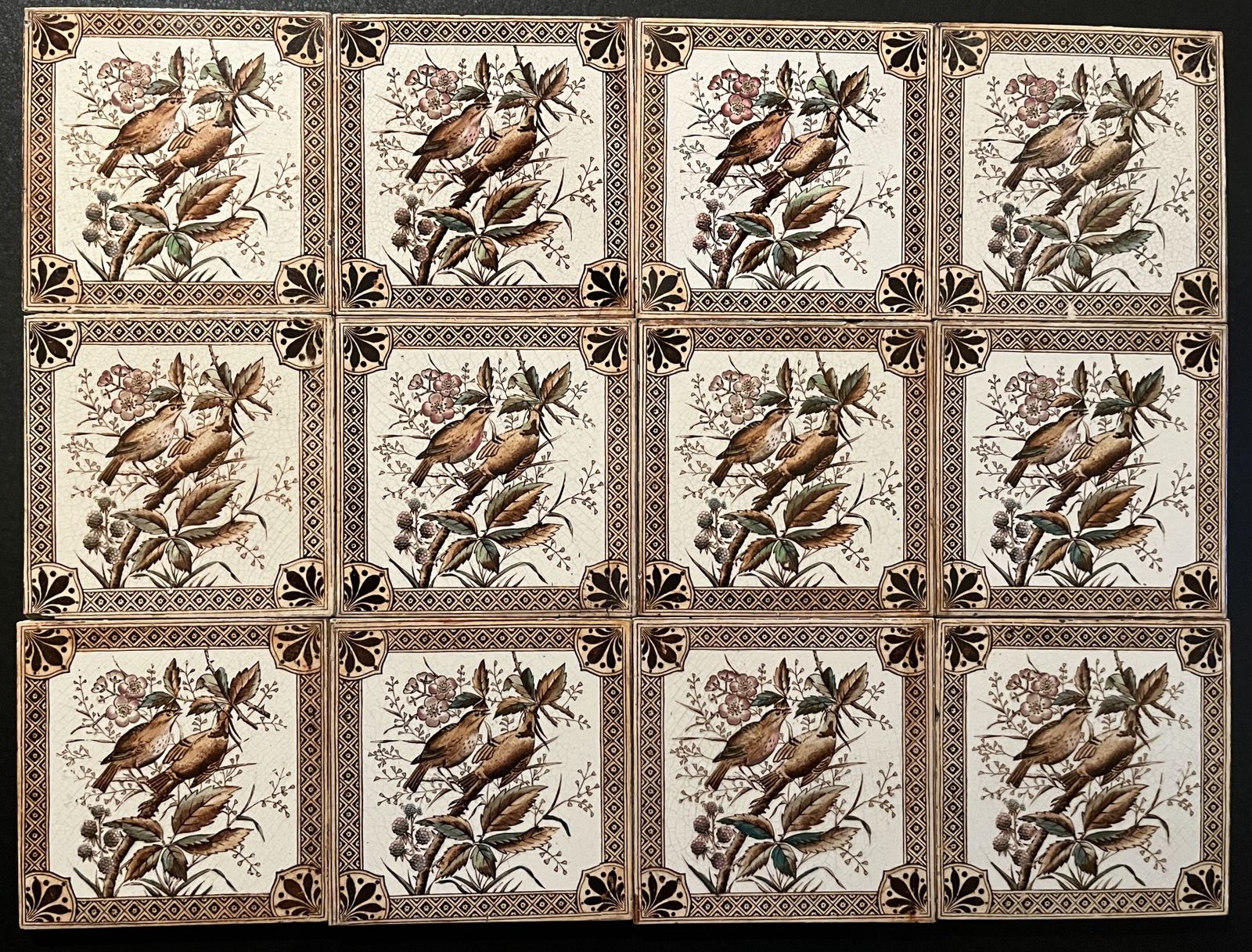 Antique Bird Pattern Tiles, Set Of 12 photo for sale
