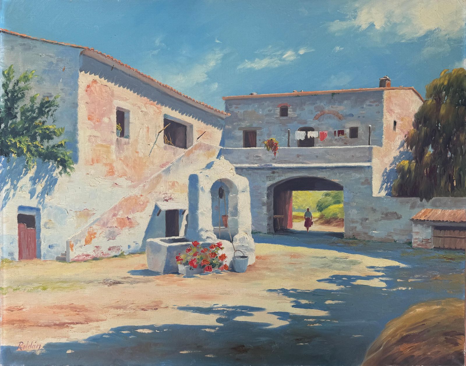 Pedro Roldán Molina Mediterranean Farmhouse With Well Oil On Canvas Painting Spain C.1980