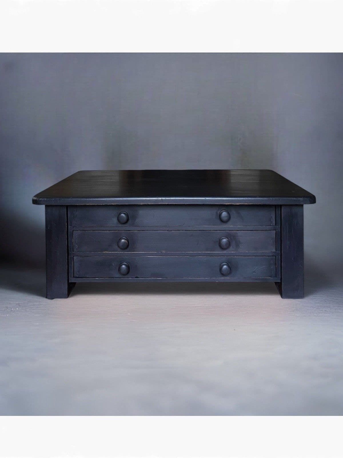 Large Black Painted Pine Late 20th Century Coffee Tv Table Plan Chest Style photo vinterior