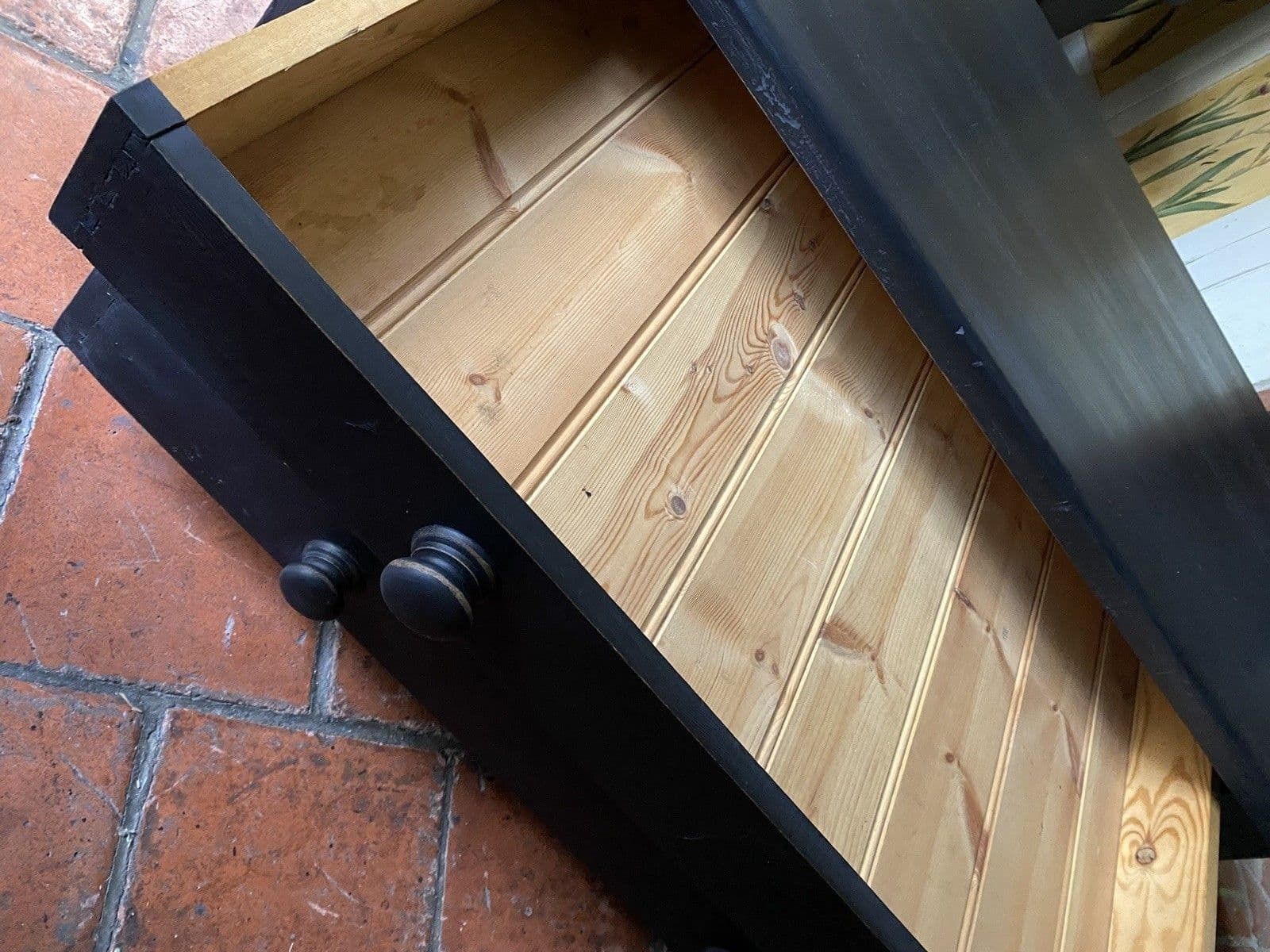 695.0 Large Black Painted Pine Late 20th Century Coffee Tv Table Plan Chest Style photo