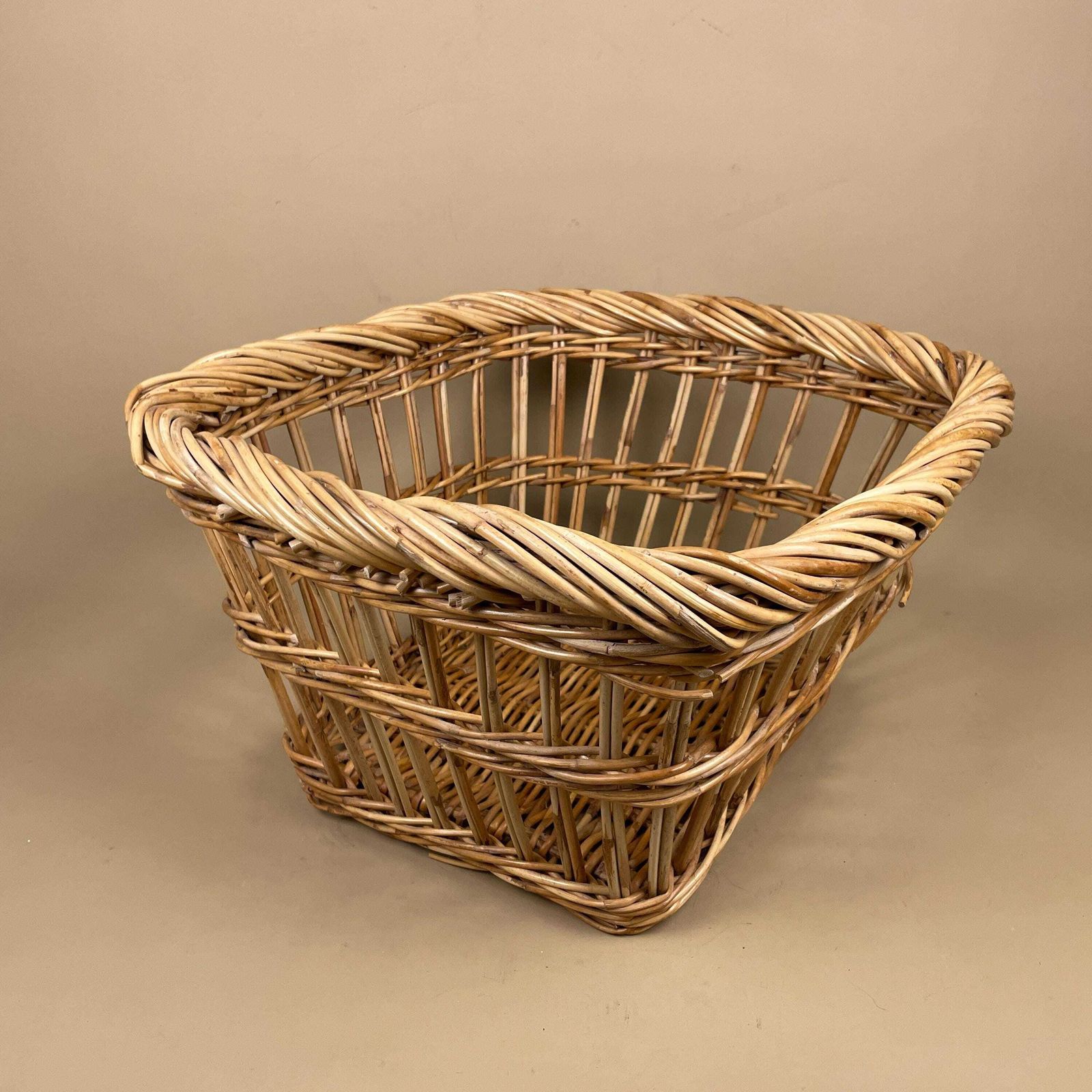 Vintage Basket Woven Wicker Vintage Log Storage Cottage Farmhouse Decor Brown Open Weave Square Handmade Fireside Fire photo Home Decor