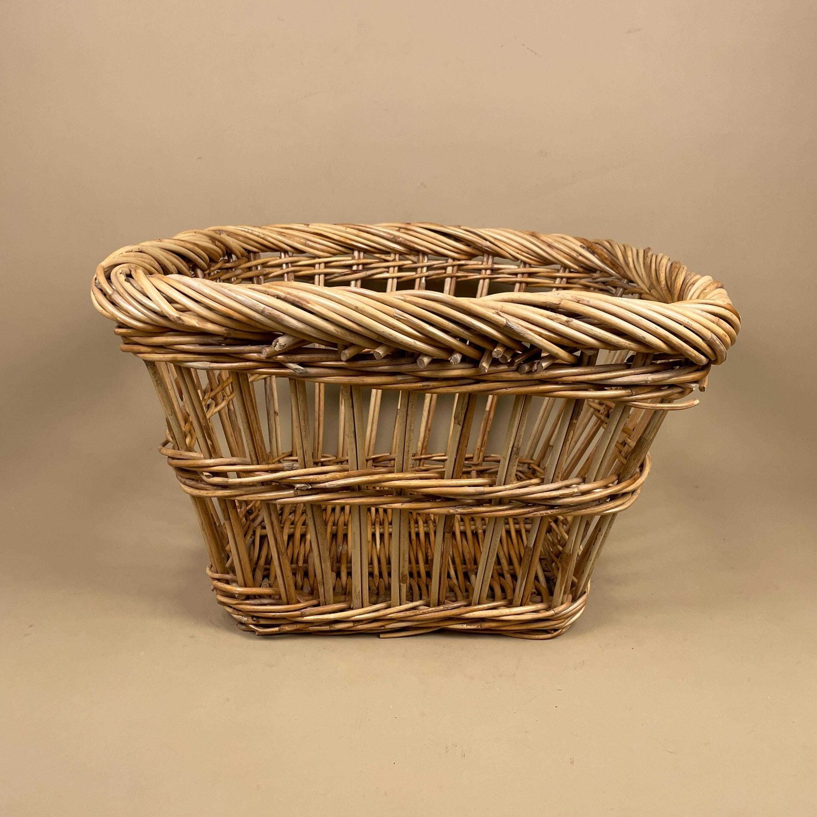 Vintage Basket Woven Wicker Vintage Log Storage Cottage Farmhouse Decor Brown Open Weave Square Handmade Fireside Fire photo vinterior