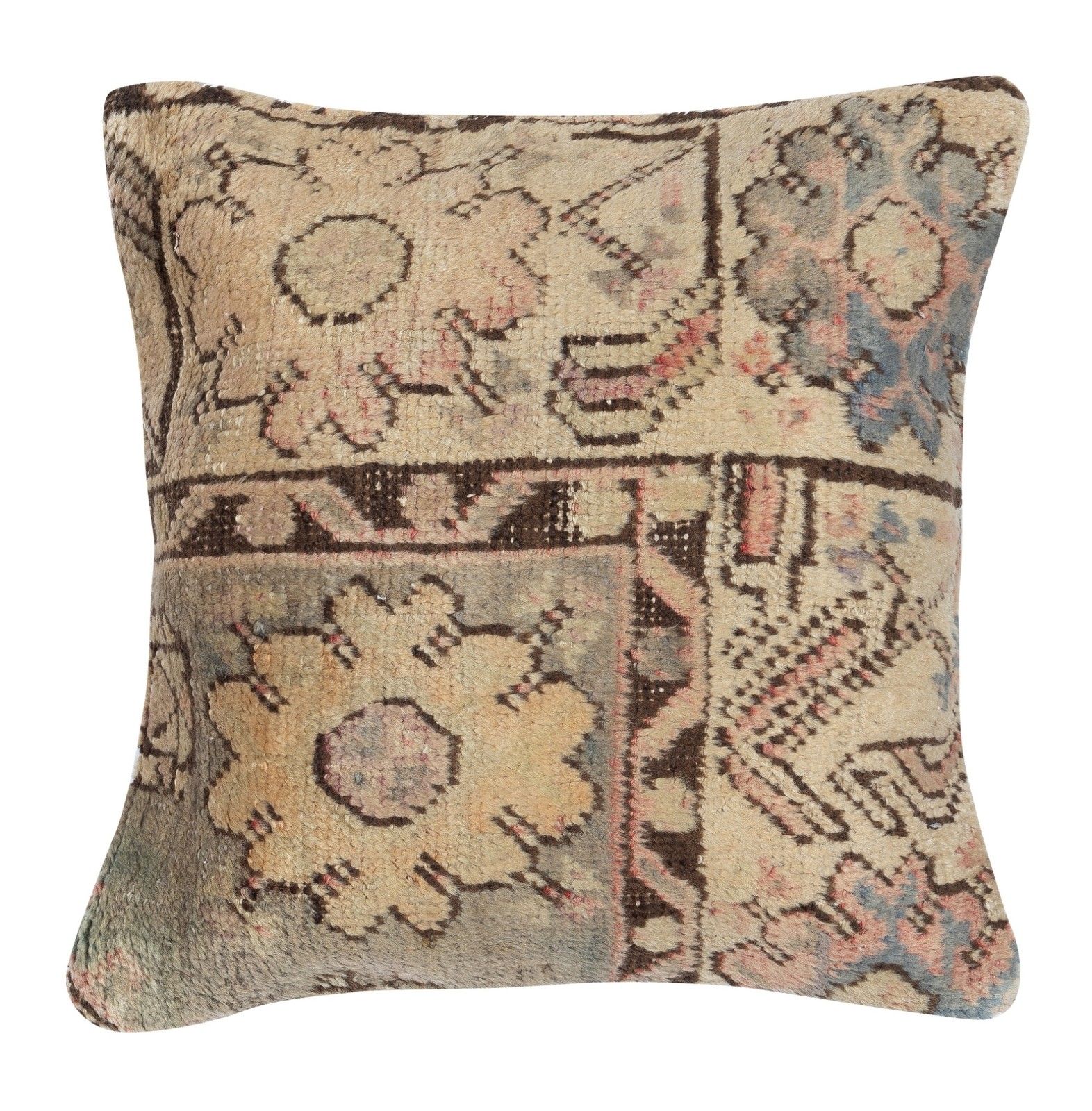 16"X16" Vintage Rug Pillowcase. Handknotted Wool Rug Cushion Cover. Toss Pillow