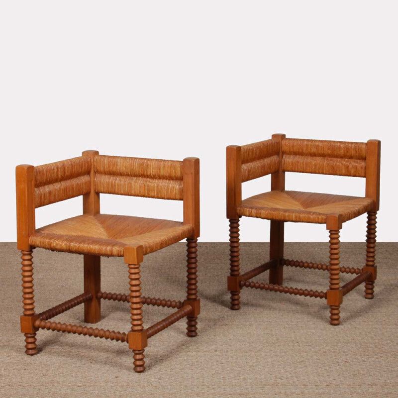 Pair Of Turned Wooden Straw Covered Corner Chairs, 1940
