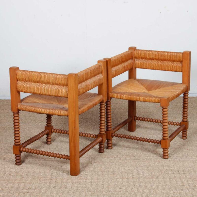 Pair Of Turned Wooden Straw Covered Corner Chairs, 1940 photo Furniture