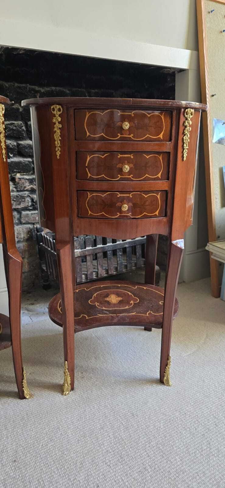 A Pair Of Louis XV Style Gilt Metal Mounted Inlaid Bedside Tables 20th Century photo for sale