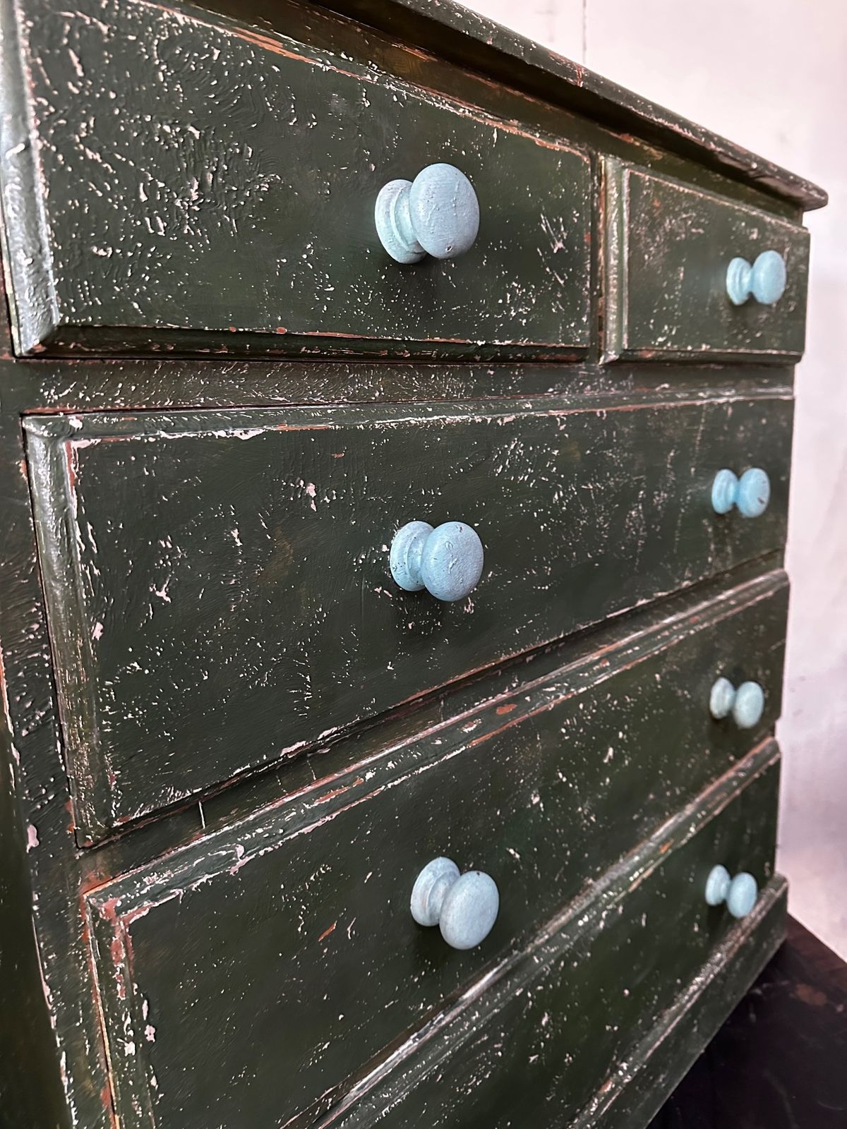 Solid Pine Retro Chest Of Drawers With Green Distressed Paint Finish photo 439.0