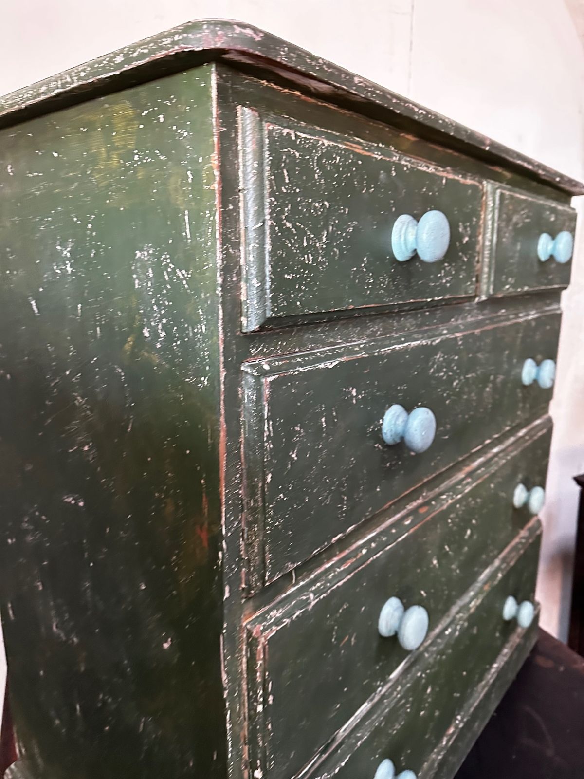 Solid Pine Retro Chest Of Drawers With Green Distressed Paint Finish photo buy