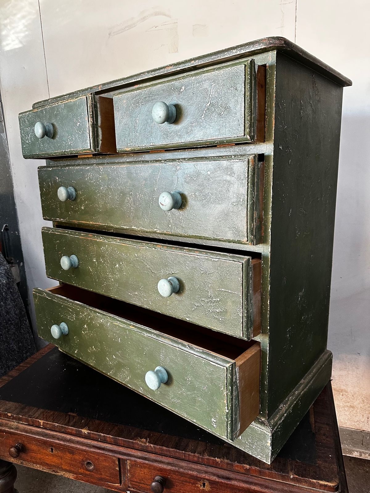 Furniture Solid Pine Retro Chest Of Drawers With Green Distressed Paint Finish photo