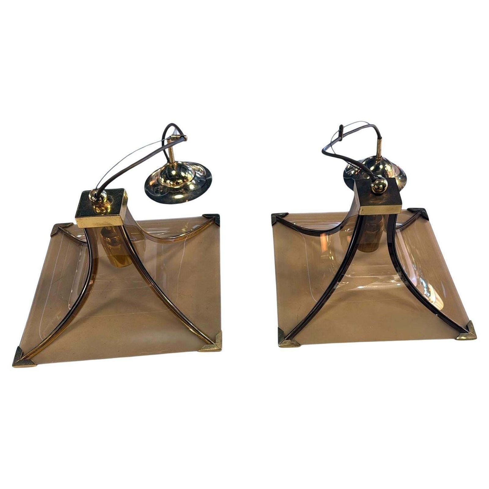 Vintage Italian Pair Of Smoked Crystal And Brass Italian Chandeliers