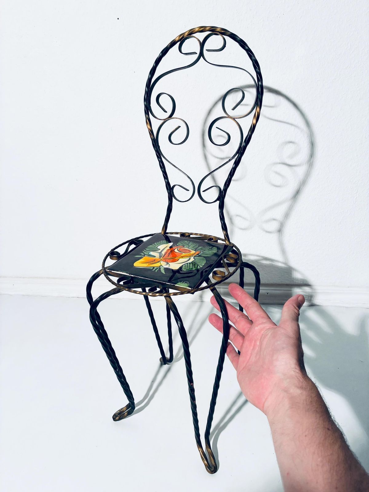 photo buy 1950s Cast Iron Flower Stand Chair With Vallauris Ceramic Tile Flower Motif / Vintage French Design