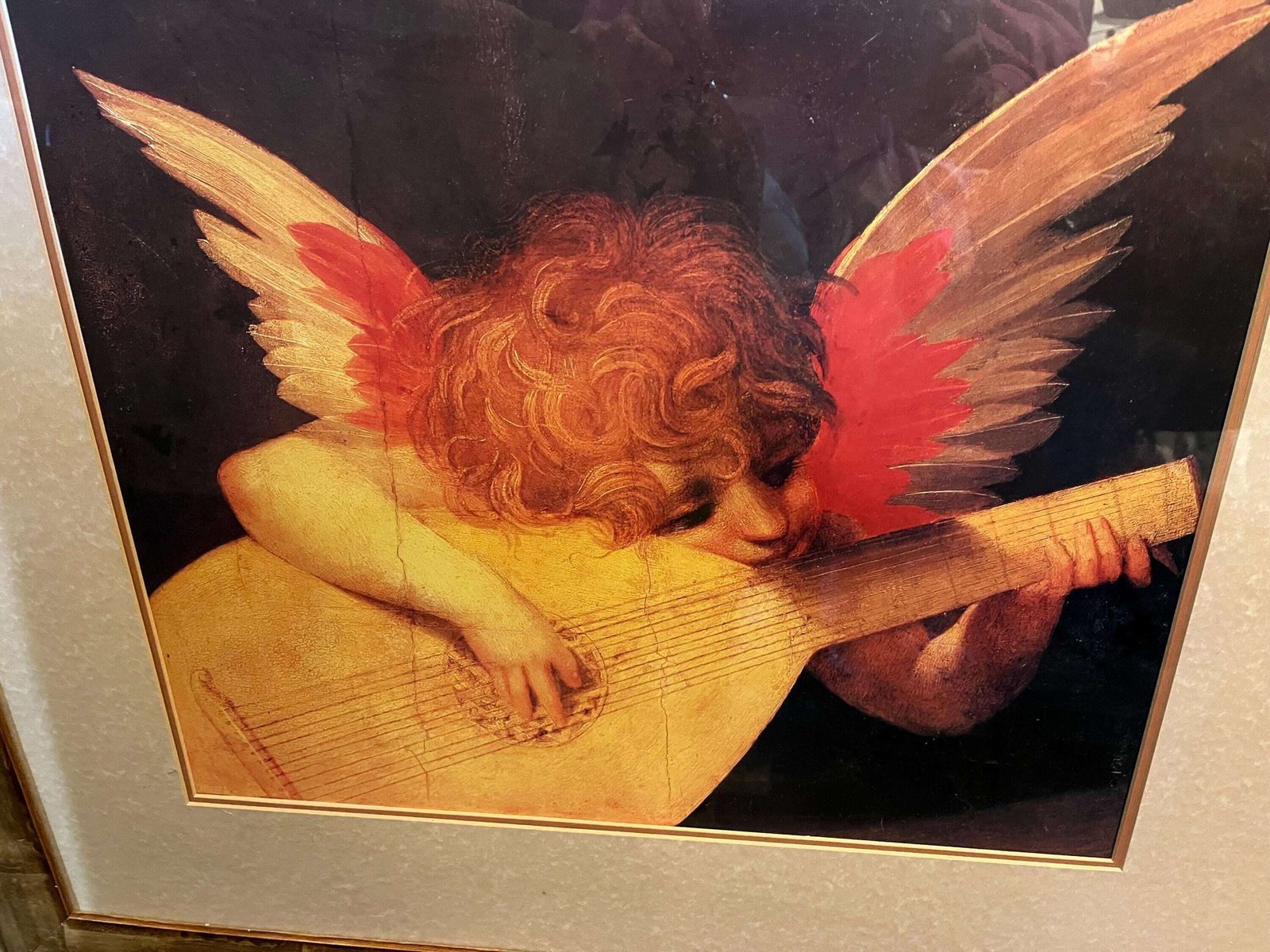 Vintage Large Framed Print Of Angel Playing Lute An Oil On Wood By Rosso Fiorentino Circa 1571