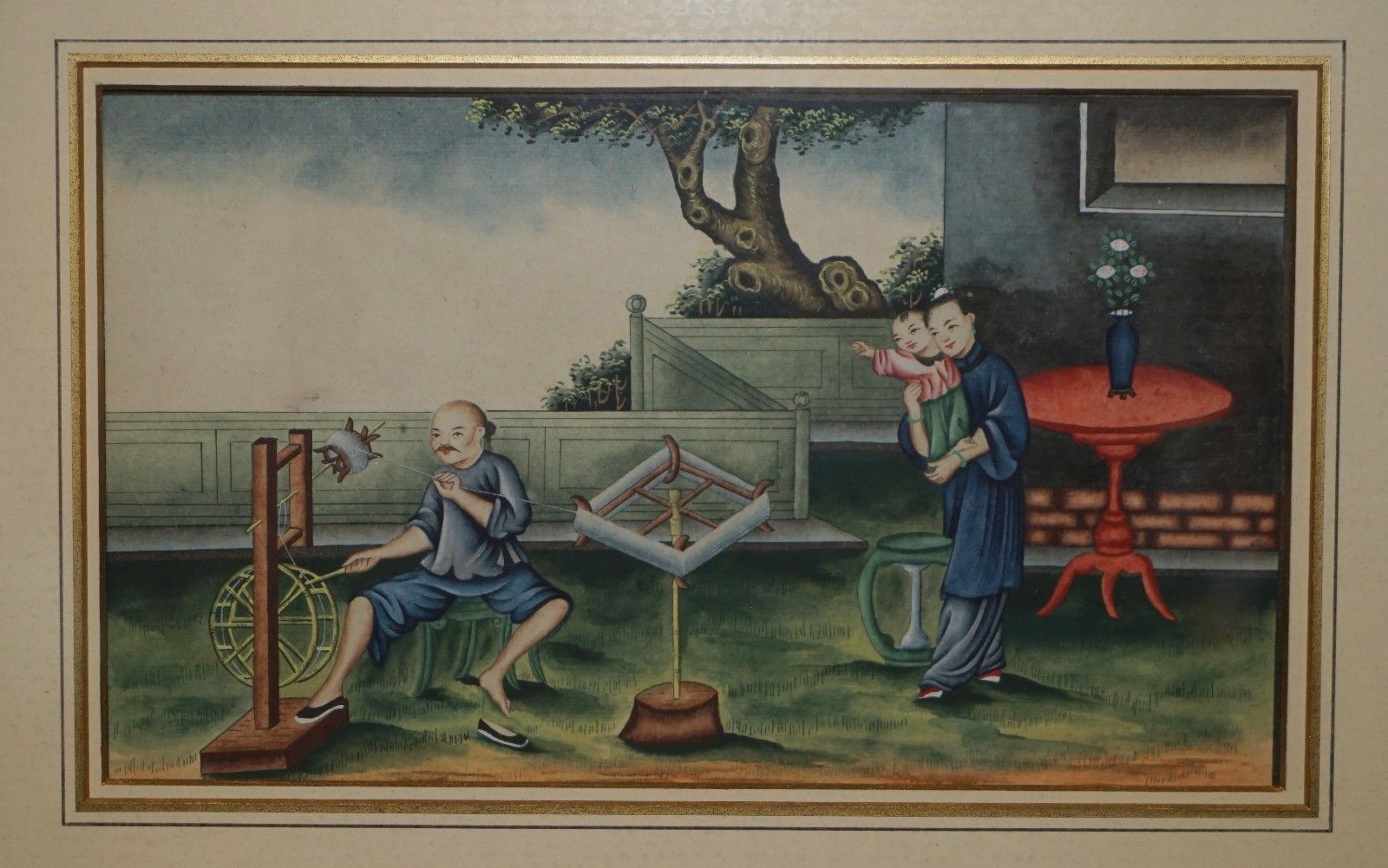 photo furniture Six Antique Exquisite Chinese Chinoiserie Watercolor & Lacquered Paintings