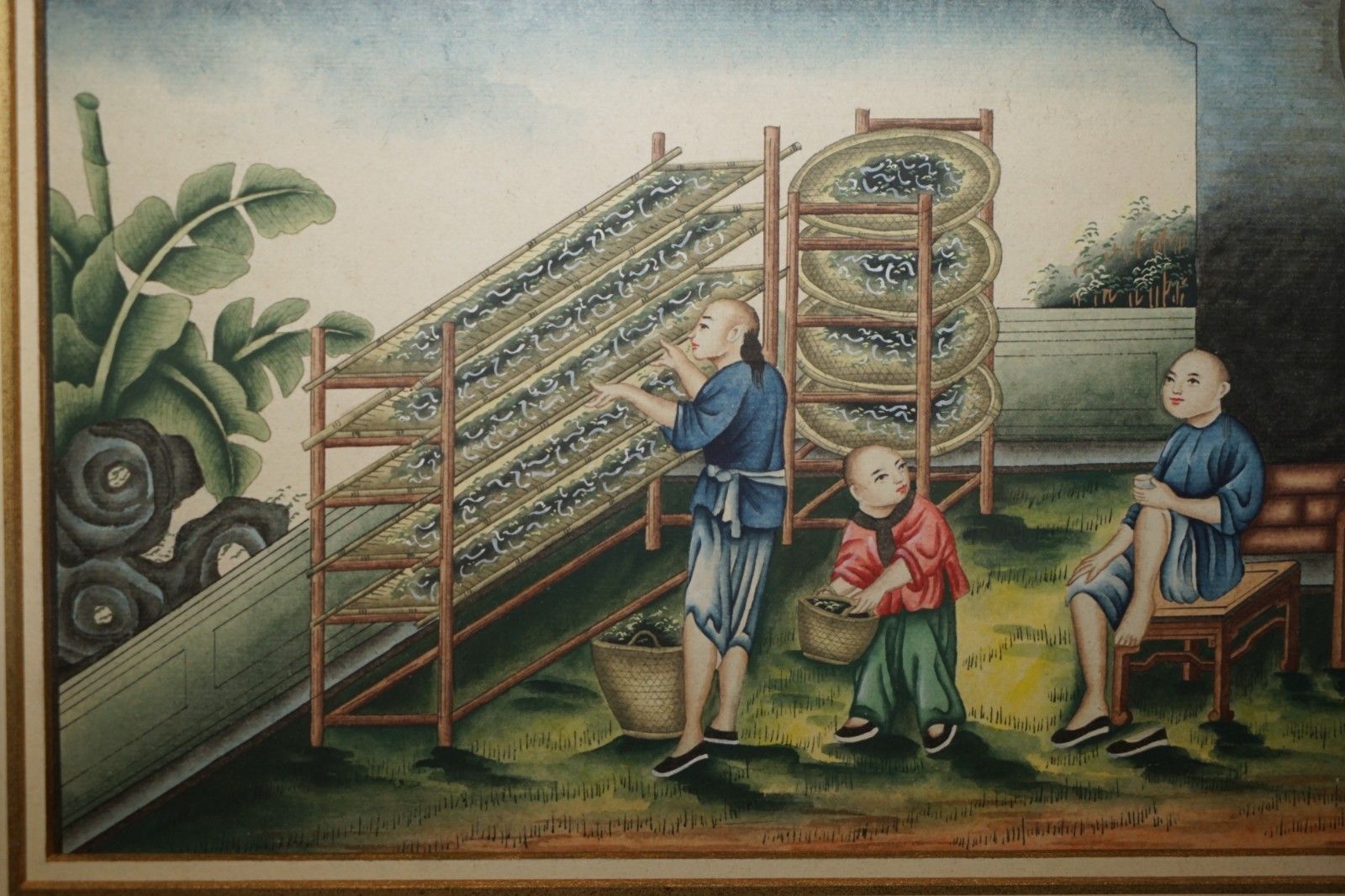 photo vintage Six Antique Exquisite Chinese Chinoiserie Watercolor & Lacquered Paintings