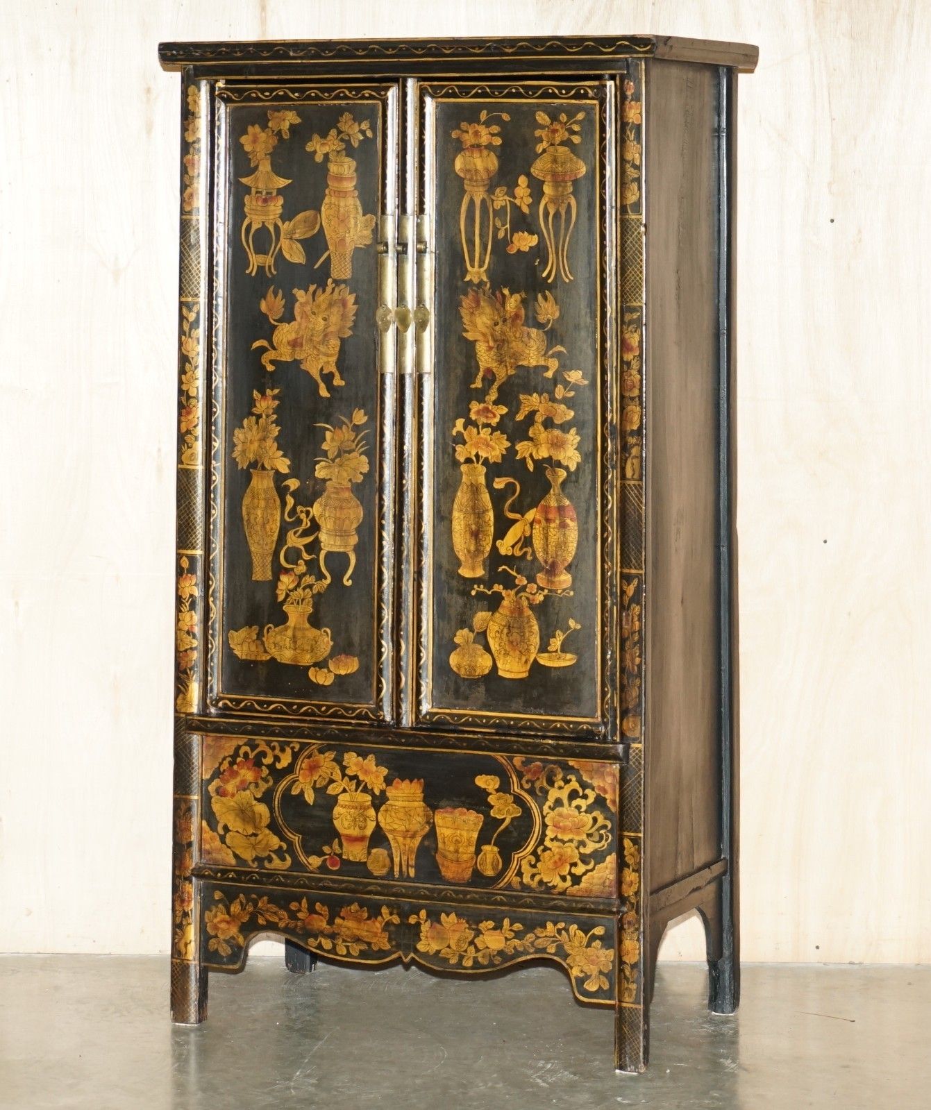 Chinese Export Chinoiserie Circa 1920 Painted Lacquered Wedding Cabinet Wardrobe photo furniture