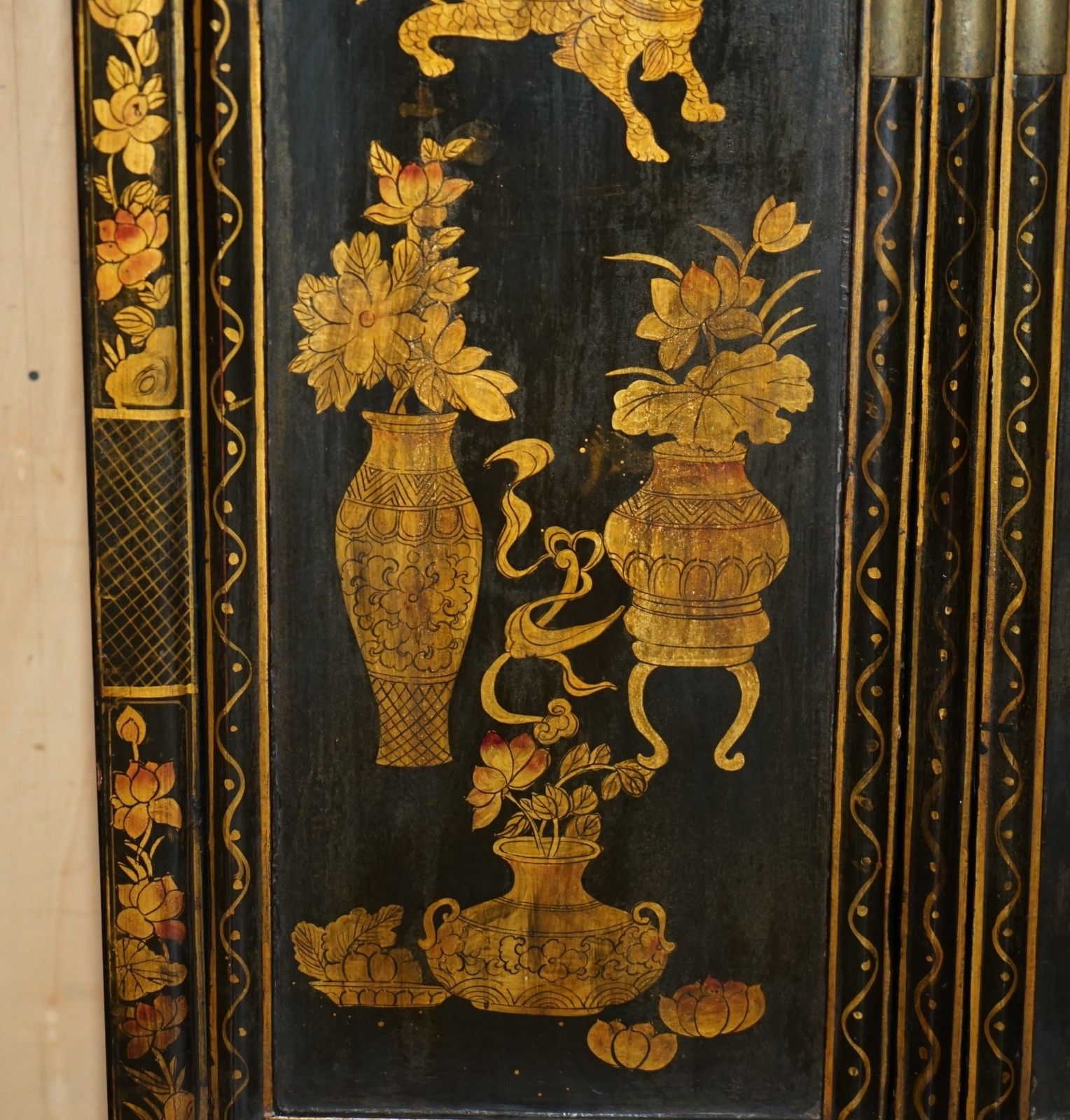 photo for sale Chinese Export Chinoiserie Circa 1920 Painted Lacquered Wedding Cabinet Wardrobe