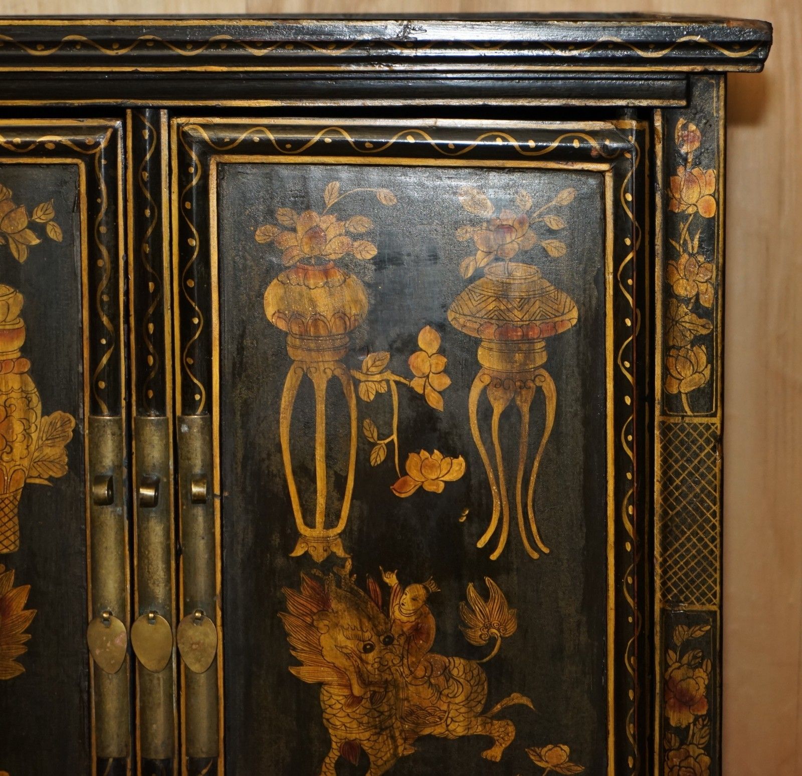 Furniture Chinese Export Chinoiserie Circa 1920 Painted Lacquered Wedding Cabinet Wardrobe photo