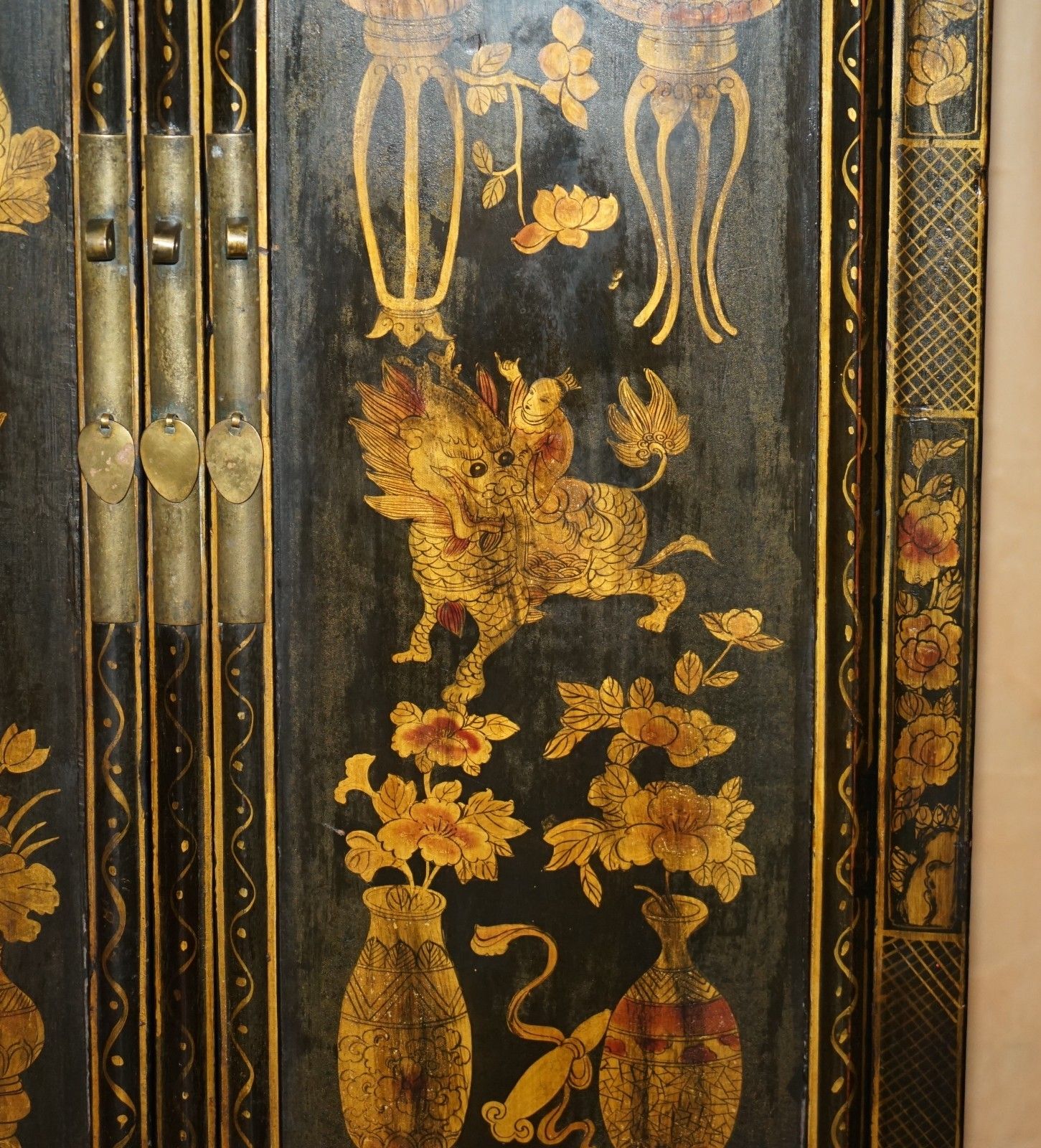 3950.0 Chinese Export Chinoiserie Circa 1920 Painted Lacquered Wedding Cabinet Wardrobe photo