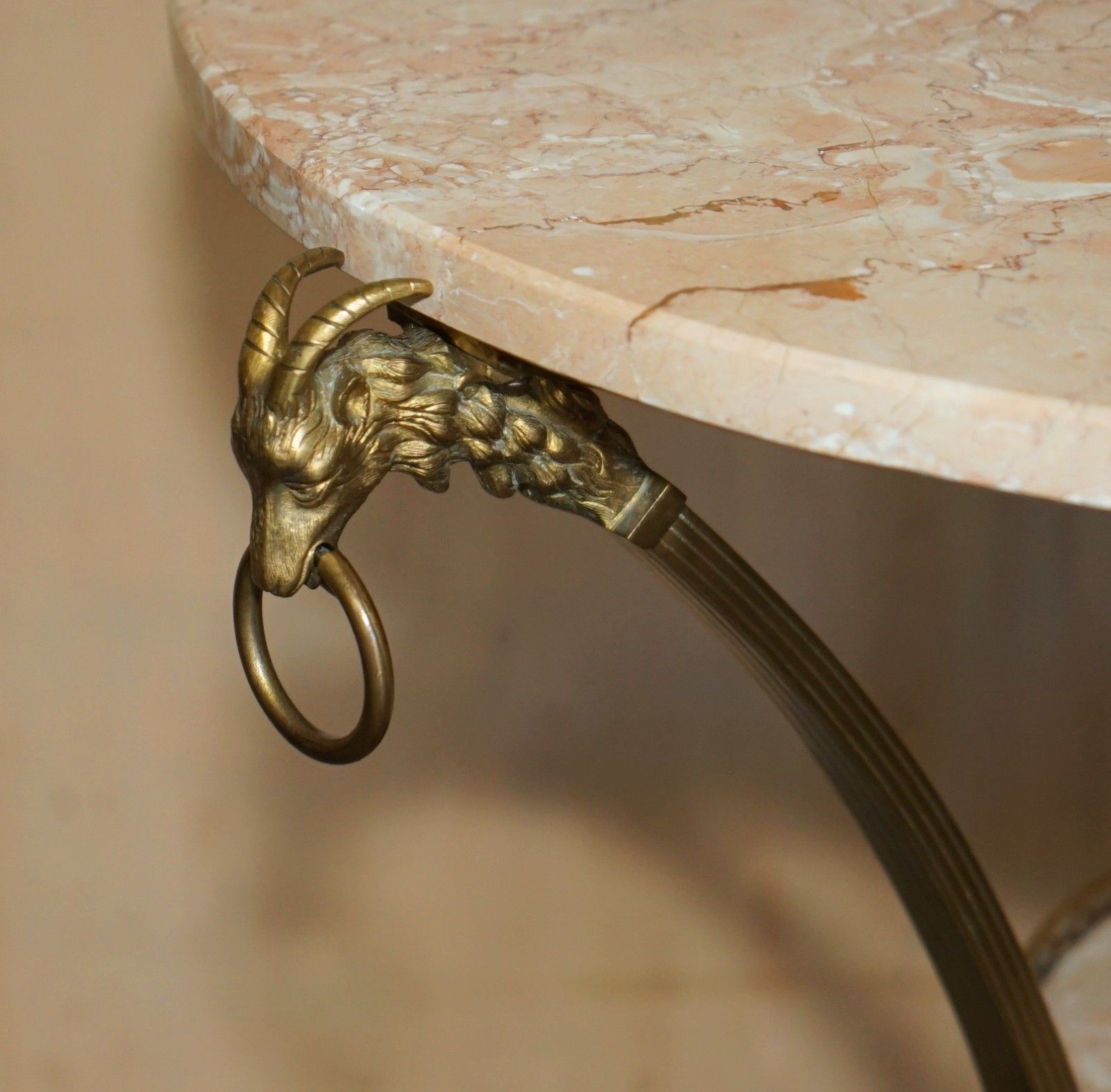 Pair Of Antique French Louis XVI Brass Rams Head Gueridon Marble Top Tables photo Furniture