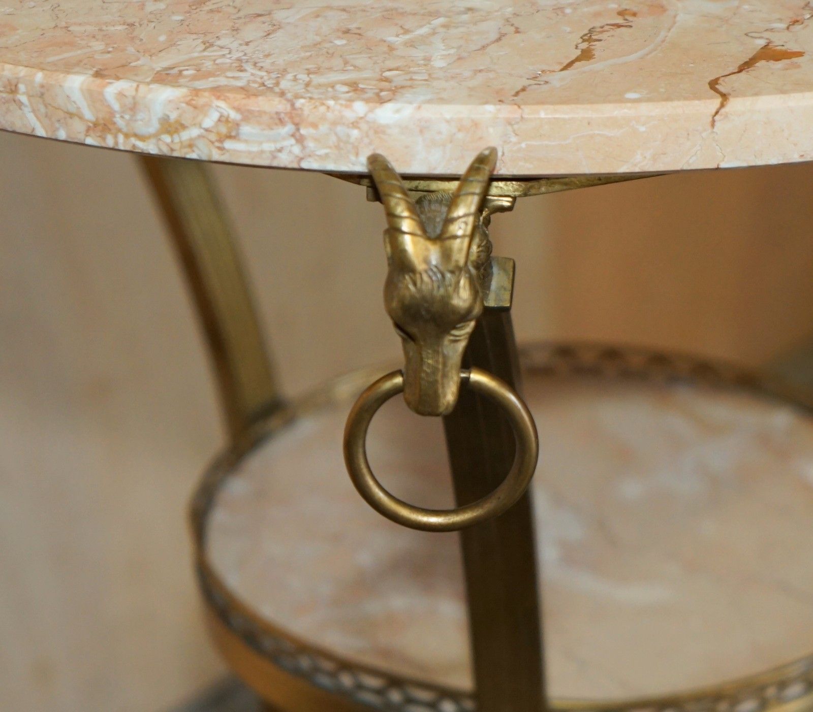 Pair Of Antique French Louis XVI Brass Rams Head Gueridon Marble Top Tables photo 3950.0