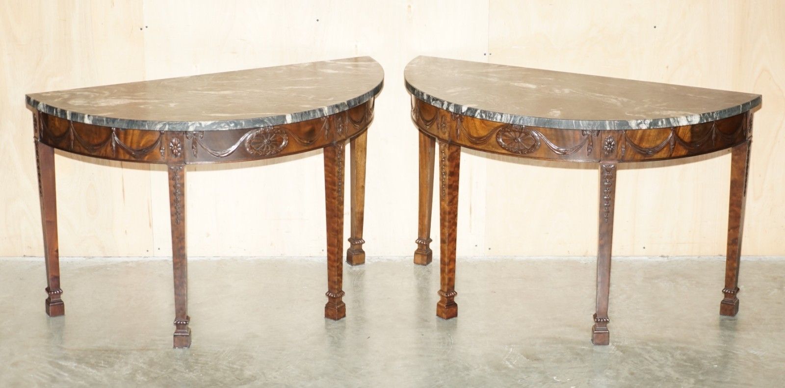 Pair Of 19th Century Mahogany Adams Demi Lune Wabi Sabi Marble Console Tables photo furniture