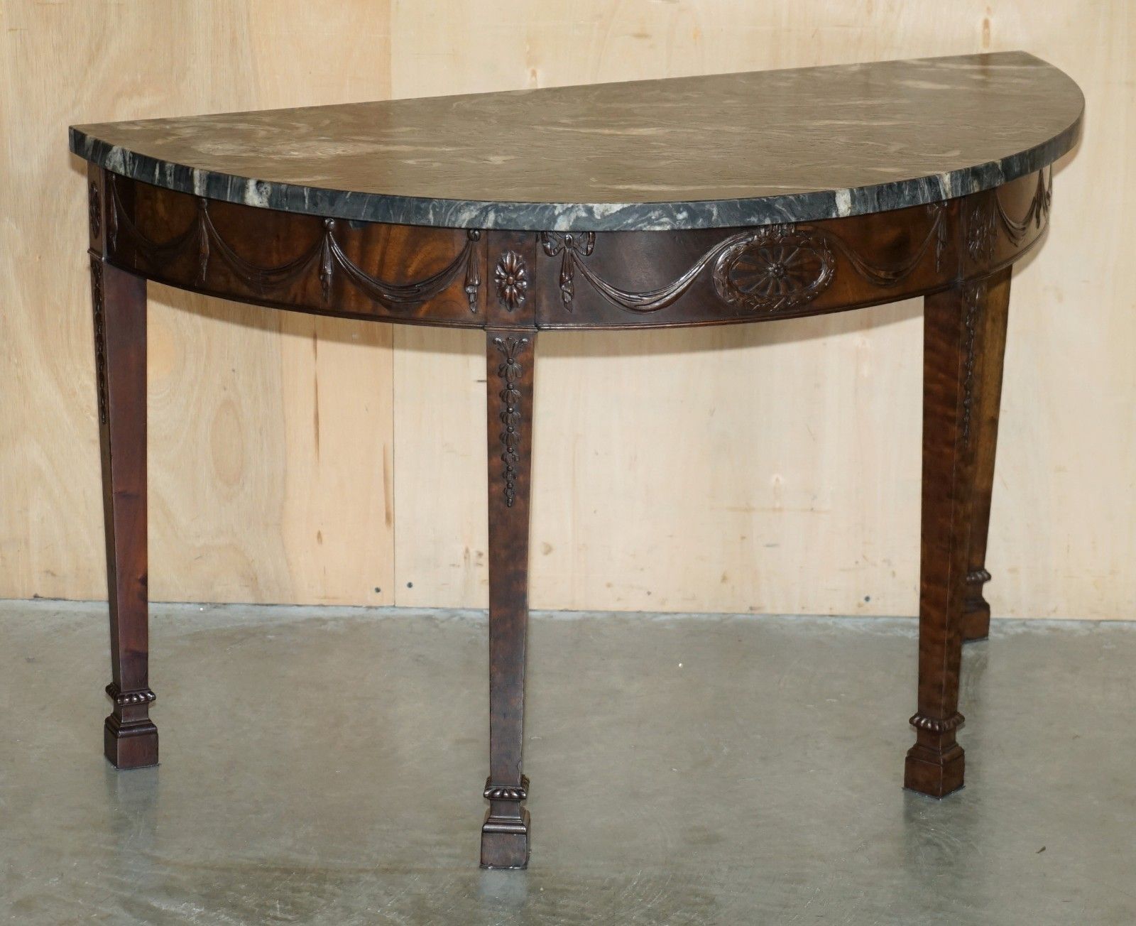 Pair Of 19th Century Mahogany Adams Demi Lune Wabi Sabi Marble Console Tables photo for sale