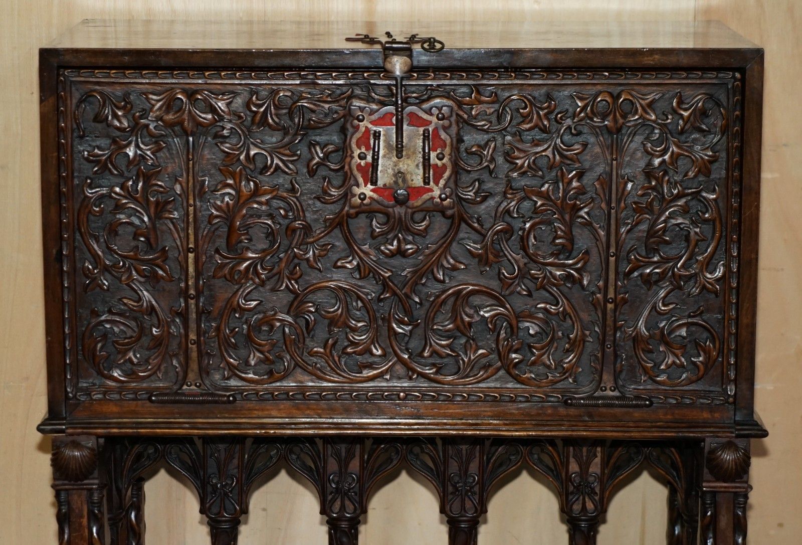 Lovely Ornately Carved 18th Century Spanish Cabinet On Stand With Hidden Storage photo for sale