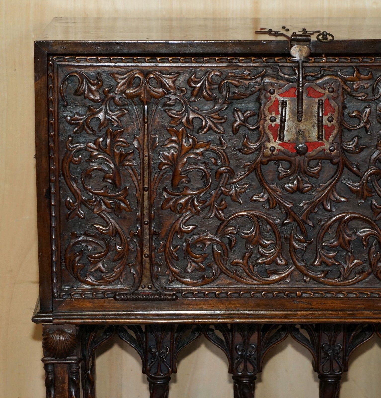 Lovely Ornately Carved 18th Century Spanish Cabinet On Stand With Hidden Storage photo Furniture
