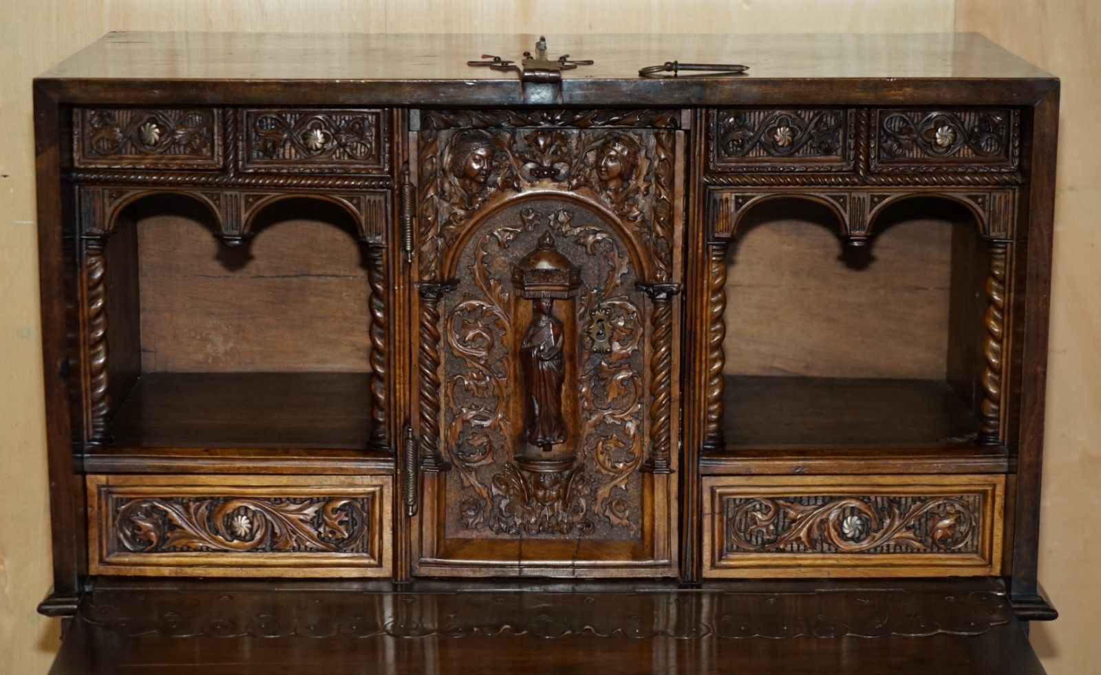 photo buy Lovely Ornately Carved 18th Century Spanish Cabinet On Stand With Hidden Storage