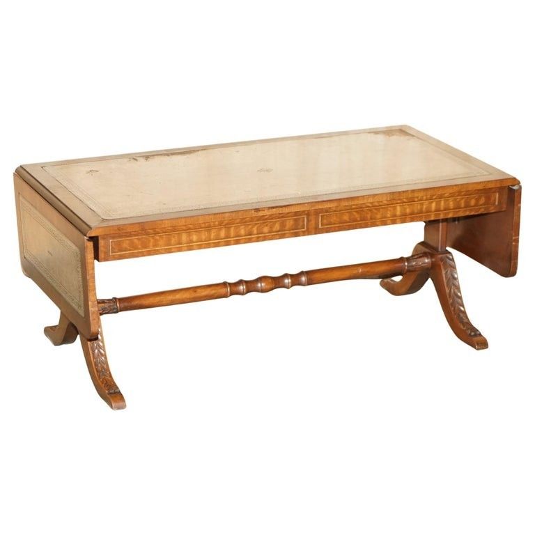 Very Large Vintage Bevan Funnell Extending Leather Coffee Table Distressed Top
