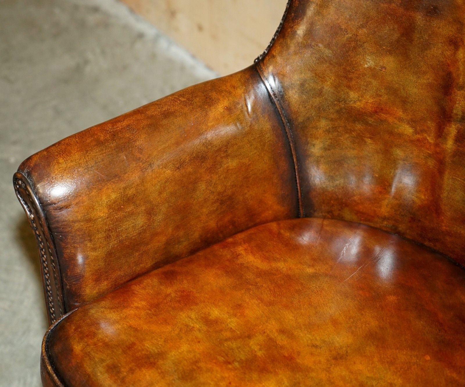 Vintage Hand Dyed Cigar Brown Leather Tub Club Armchair Hand Studded Upholstery photo vintage