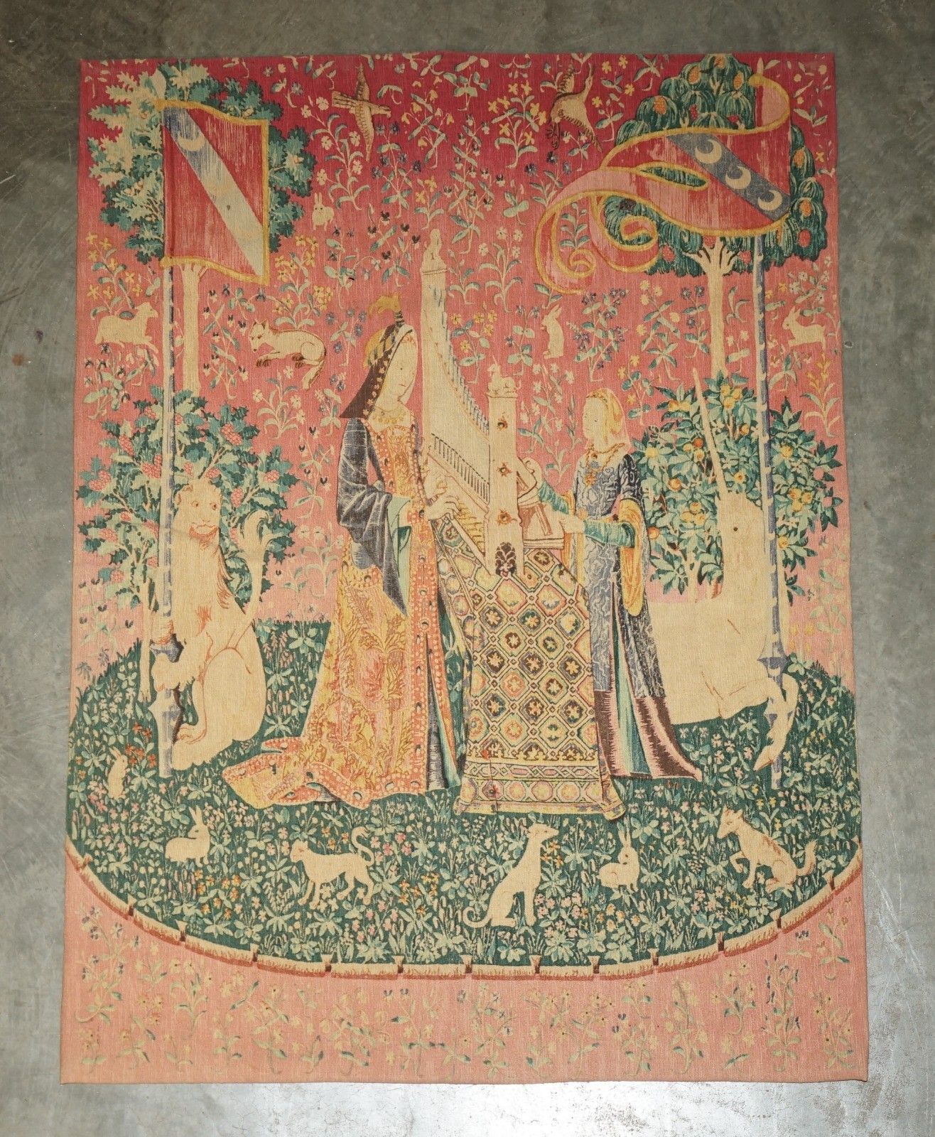 Mid Century Lady & The Unicorn Paris Made Tapestry With Old French Label Reverse photo furniture
