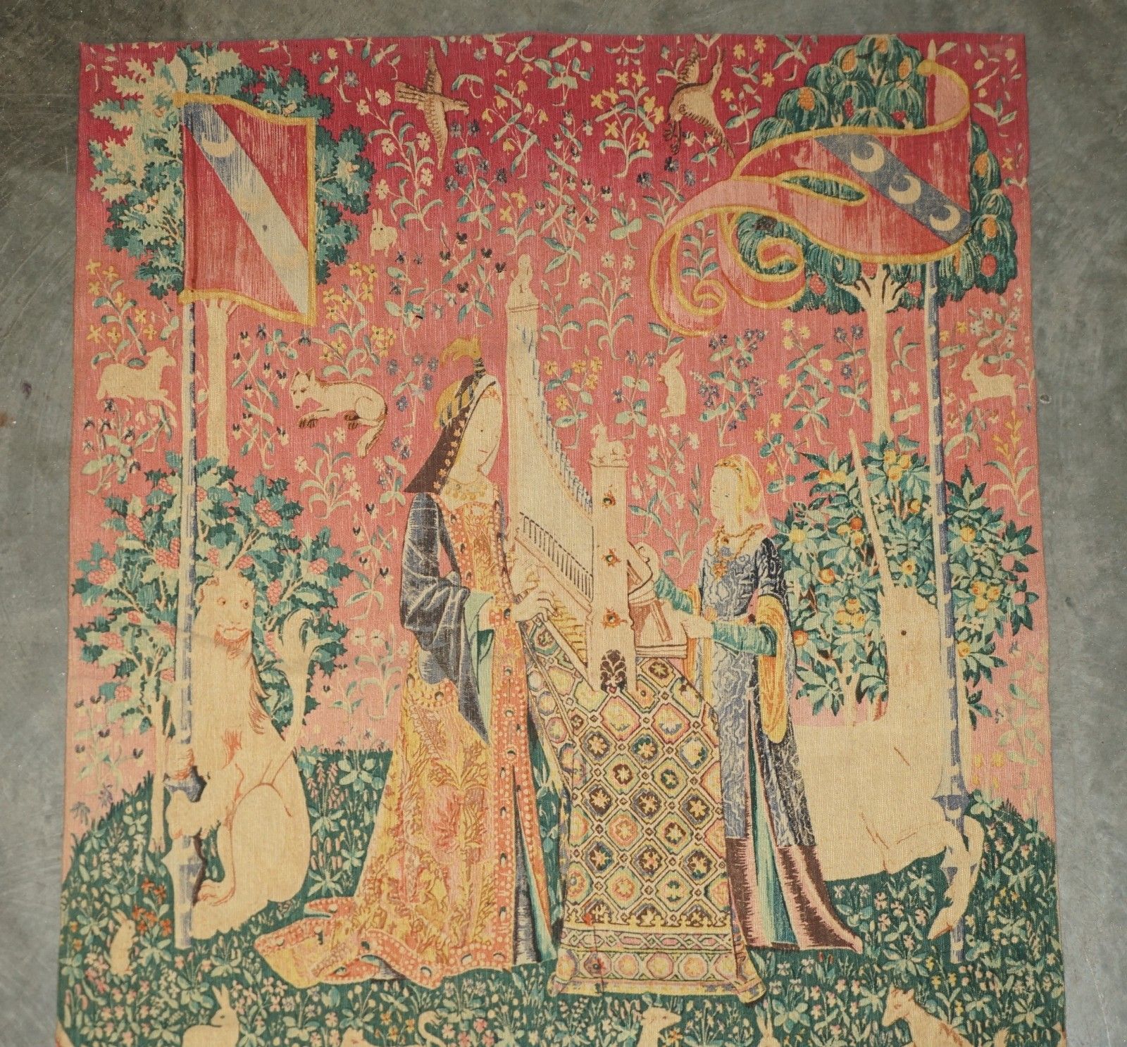 Mid Century Lady & The Unicorn Paris Made Tapestry With Old French Label Reverse photo for sale