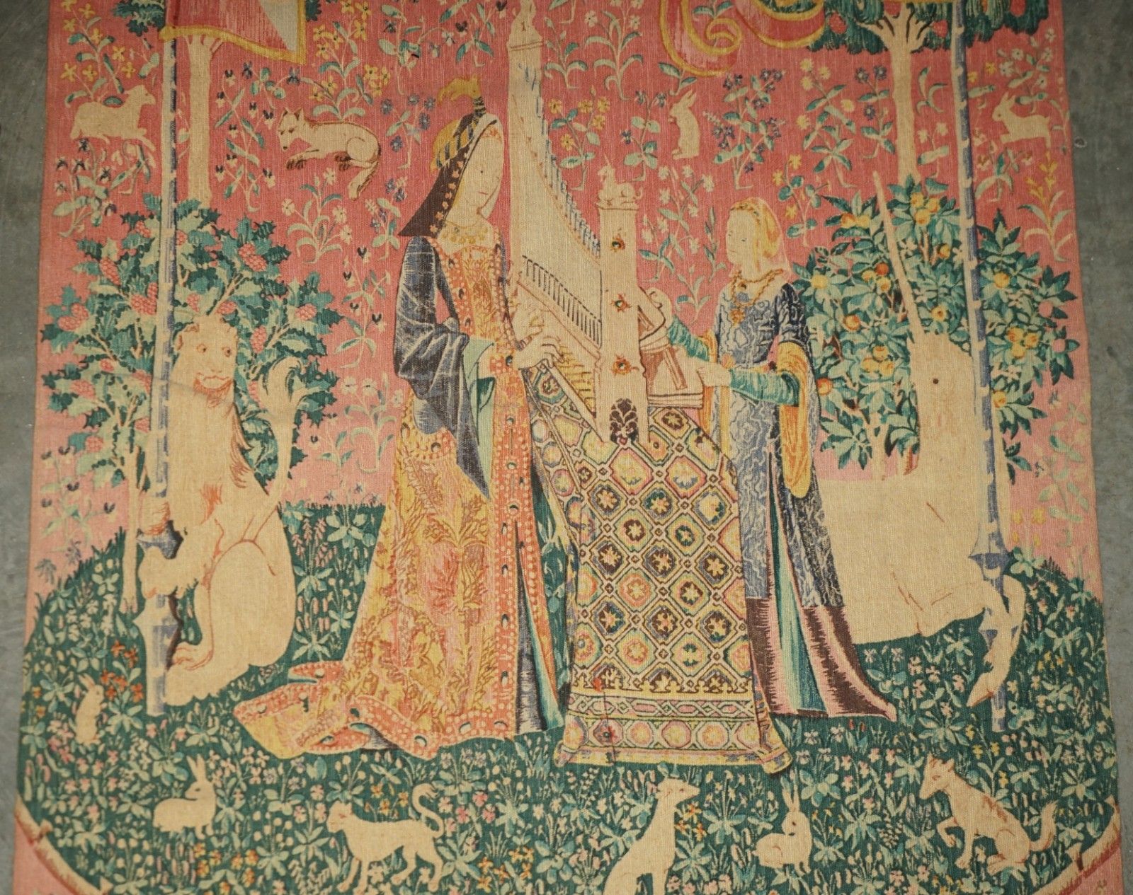Mid Century Lady & The Unicorn Paris Made Tapestry With Old French Label Reverse photo vintage