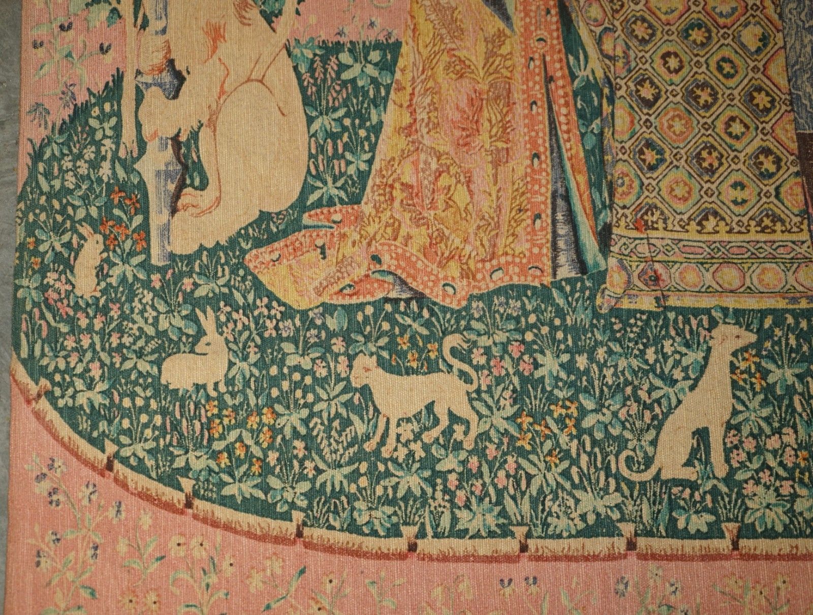 photo buy Mid Century Lady & The Unicorn Paris Made Tapestry With Old French Label Reverse