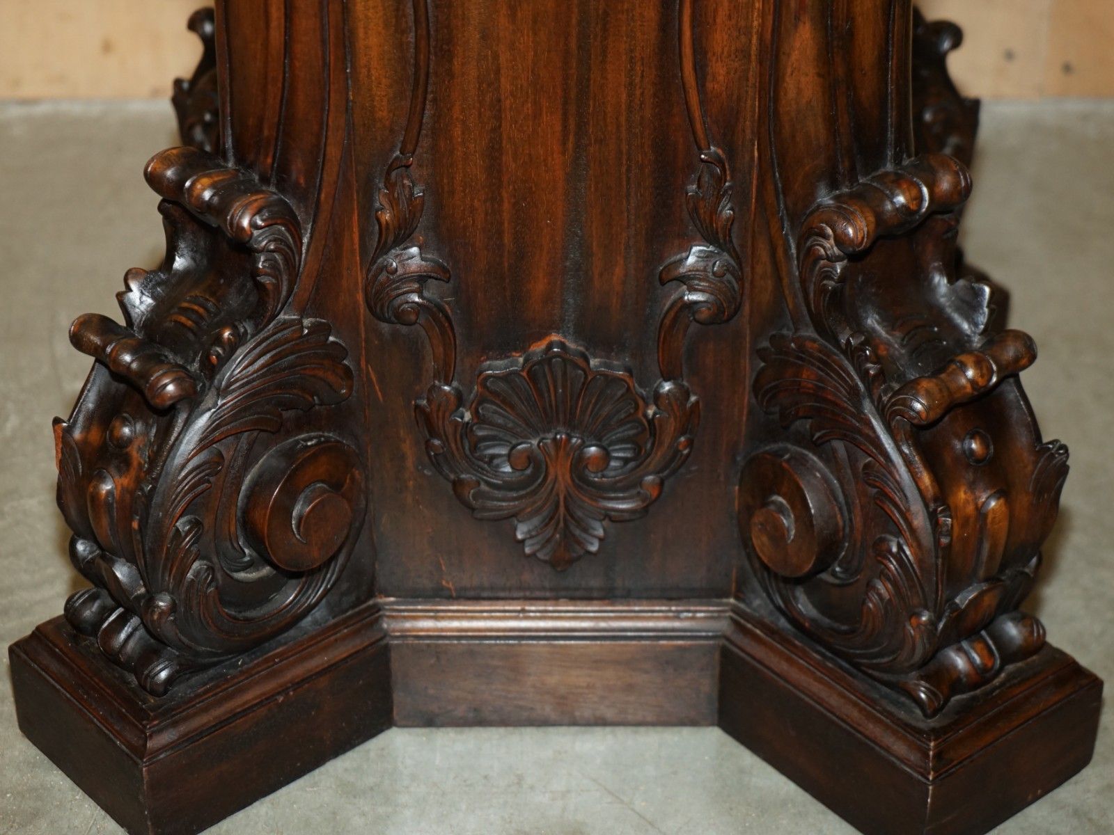photo for sale Super Decorative Antique Flamed Mahogany Heavily Carved Display Pedestal