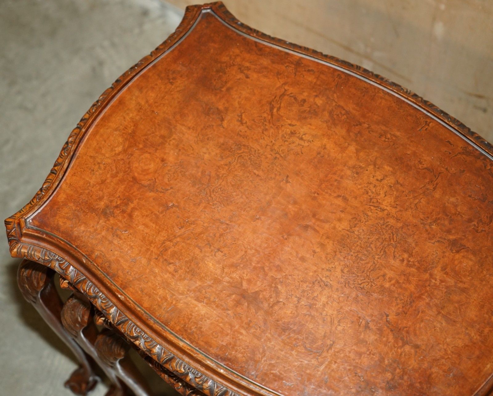 photo furniture Lovely Vintage Nest Of Three Burr Walnut Claw & Ball Feet Side End Wine Tables