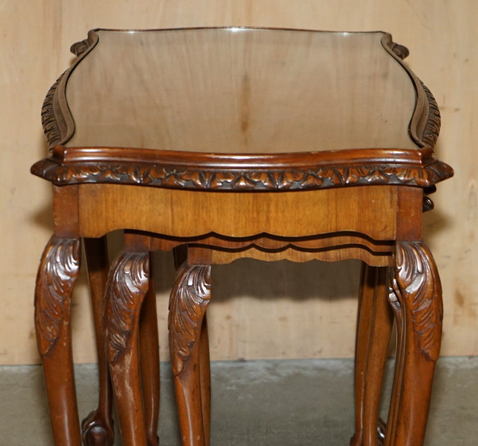 Furniture Lovely Vintage Nest Of Three Burr Walnut Claw & Ball Feet Side End Wine Tables photo