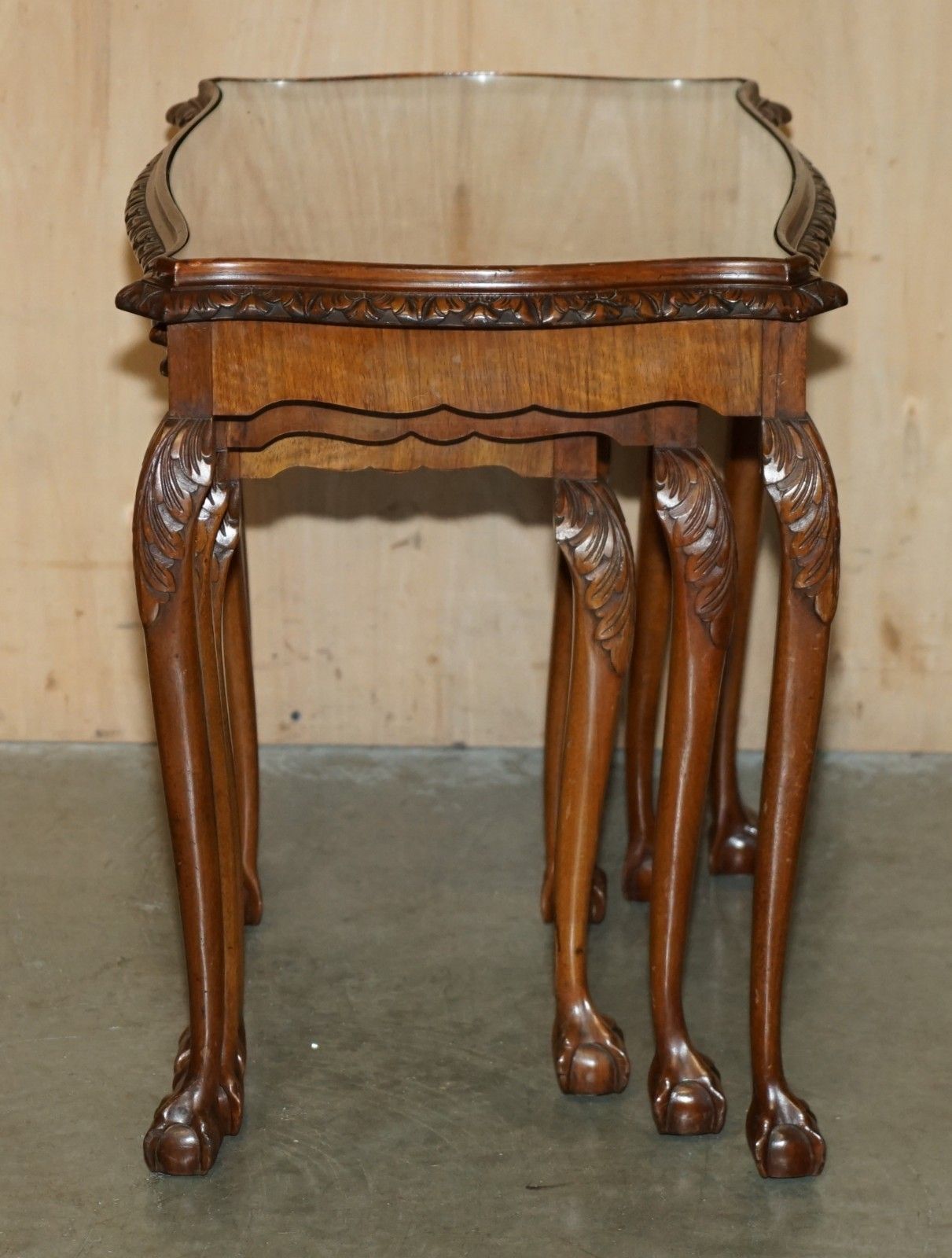 photo buy Lovely Vintage Nest Of Three Burr Walnut Claw & Ball Feet Side End Wine Tables