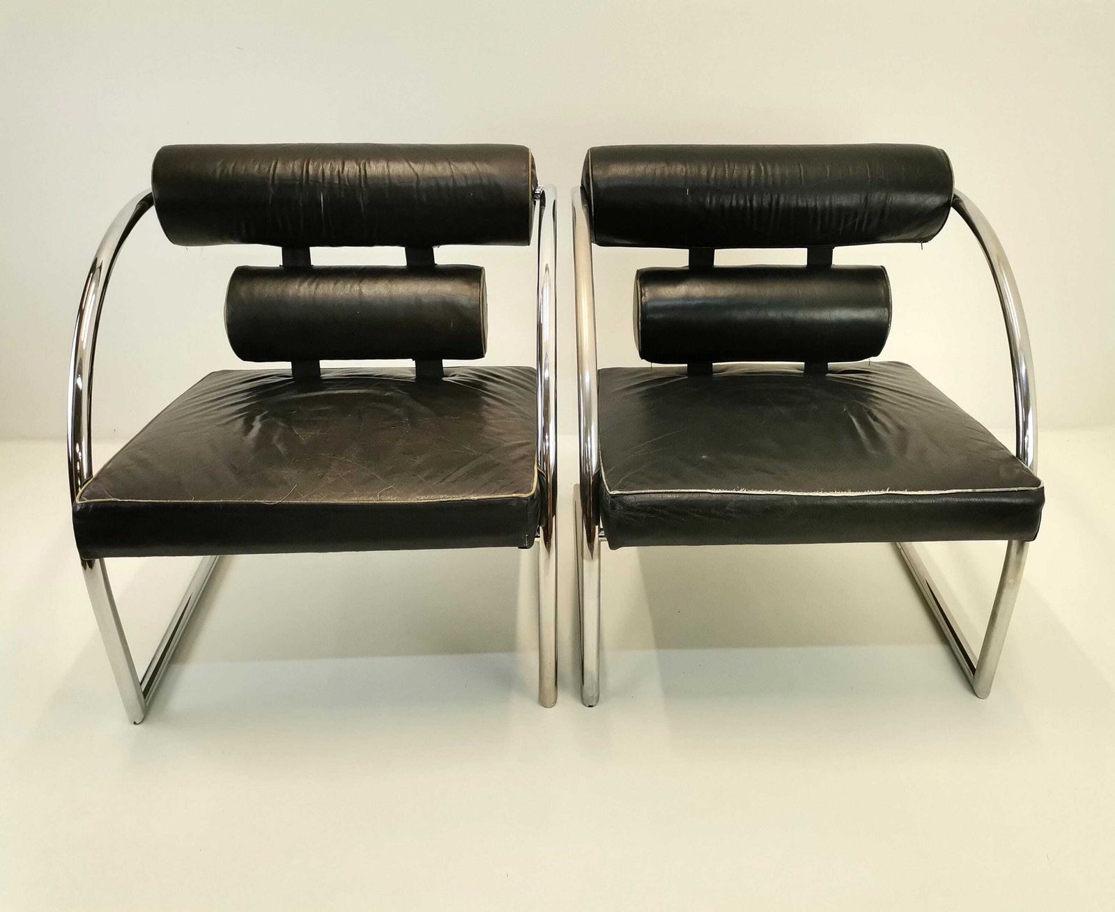 Vintage Chrome And Black Leather Lounge Chairs / Bauhaus Style Armchair From 1970s Yugoslavia photo furniture