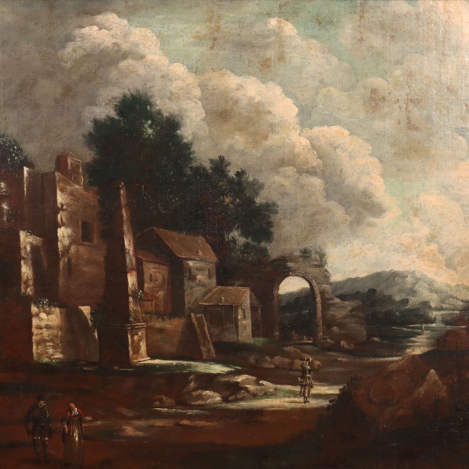 Antique Painting Landscape And Figures Oil On Canvas XVIII Century photo for sale